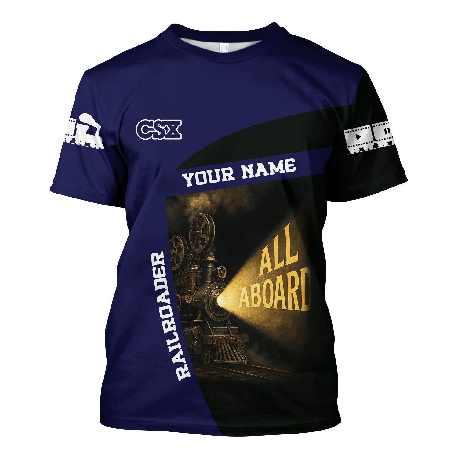 Railspirit Personalized CSX Transportation Railroad T-Shirt All Aboard Steam Train Movie Projector Style Shirt