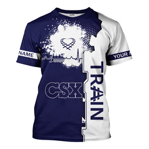 Railspirit Personalized CSX Transportation Railroad T-Shirt Engine Heartbeat and Track Love Style Shirt Gift Idea For Train Lovers