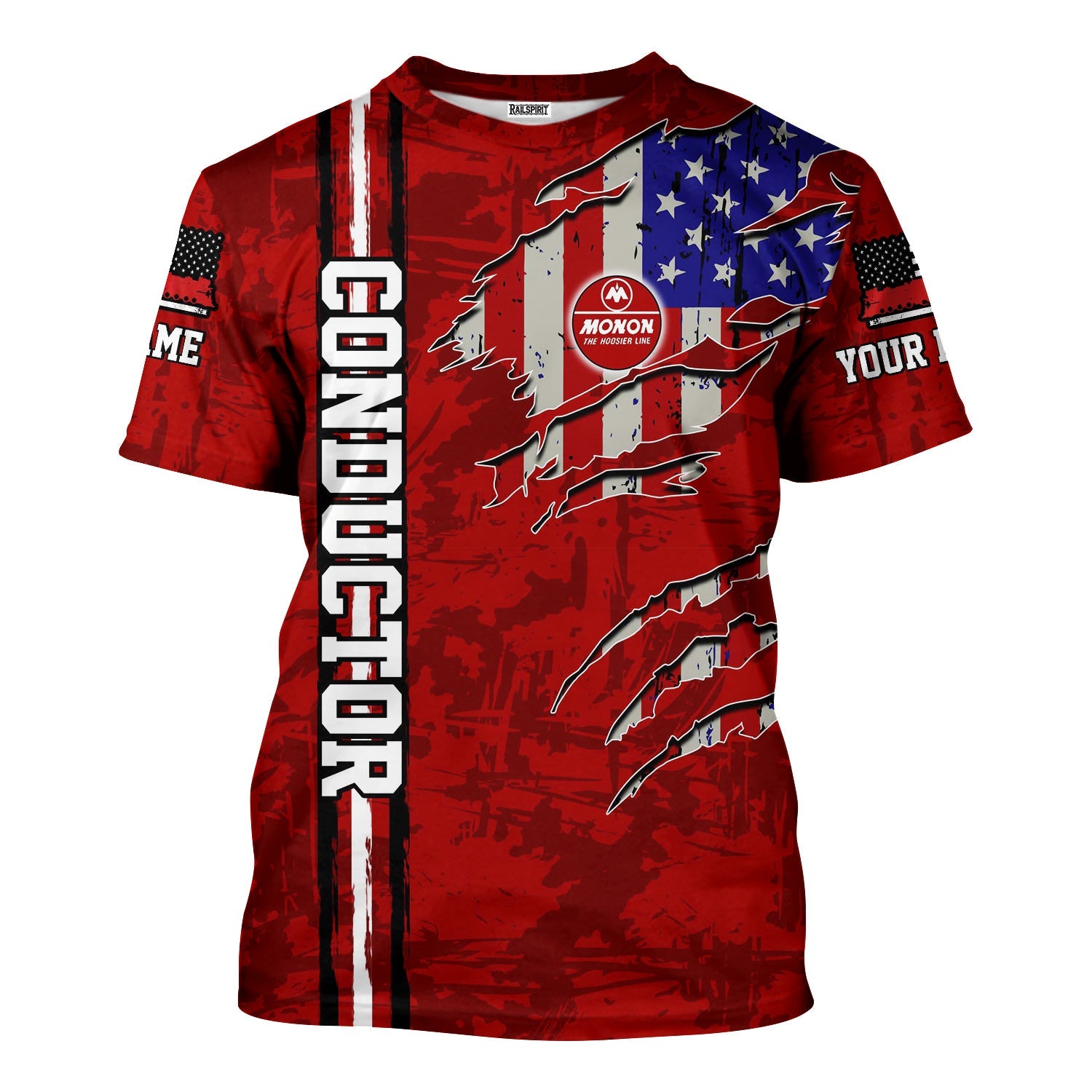 Railspirit Personalized Monon Railroad T-Shirt USA Flag Claw Art with Custom Job Train Shirt