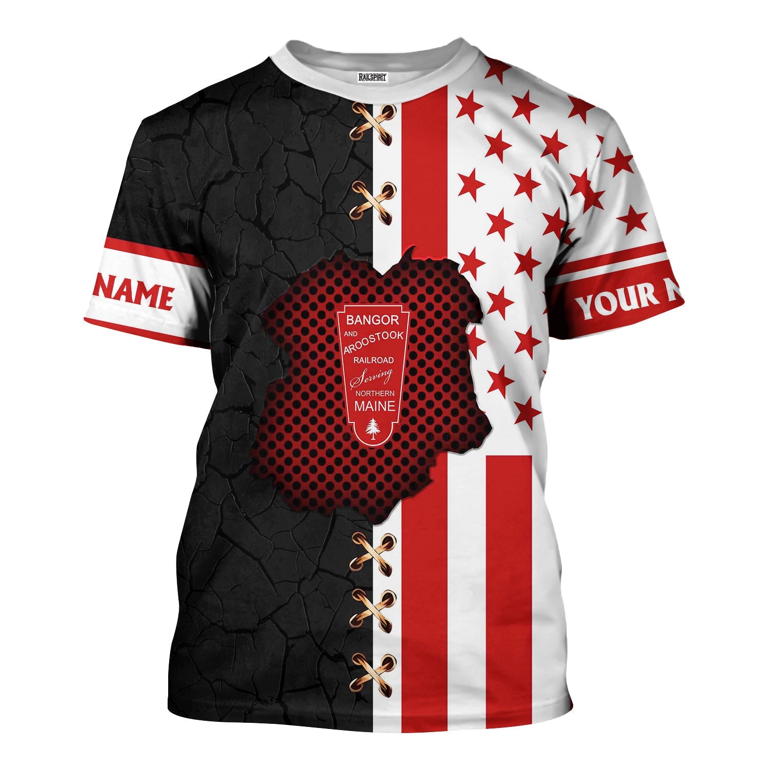 Railspirit Personalized Bangor And Aroostook Railroad T-Shirt American Flag with Crack Effect Train Shirt