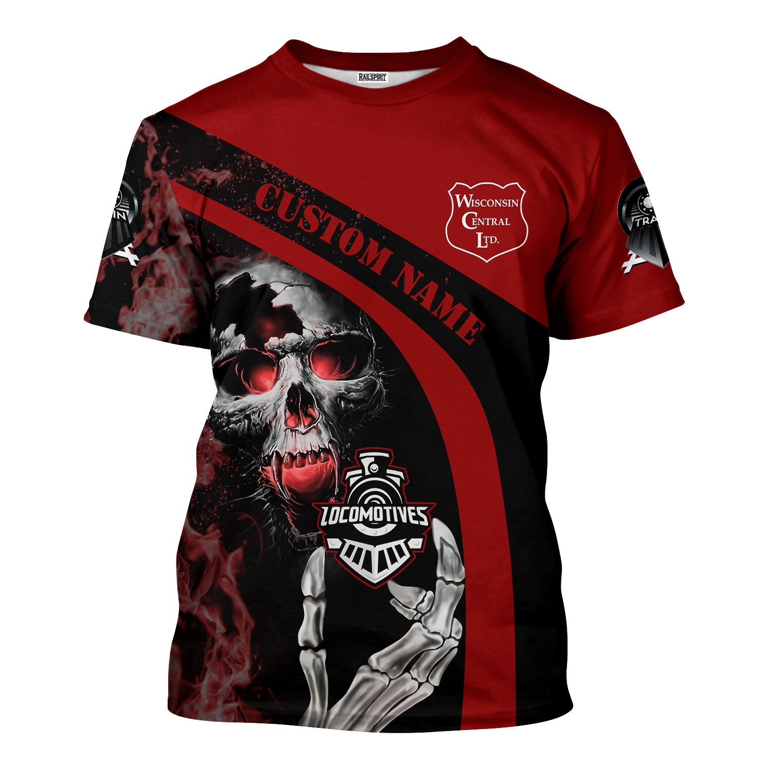 Railspirit Personalized Wisconsin Central Ltd Railroad T-Shirt Flame Skull Design Train Shirt for Locomotive Fans