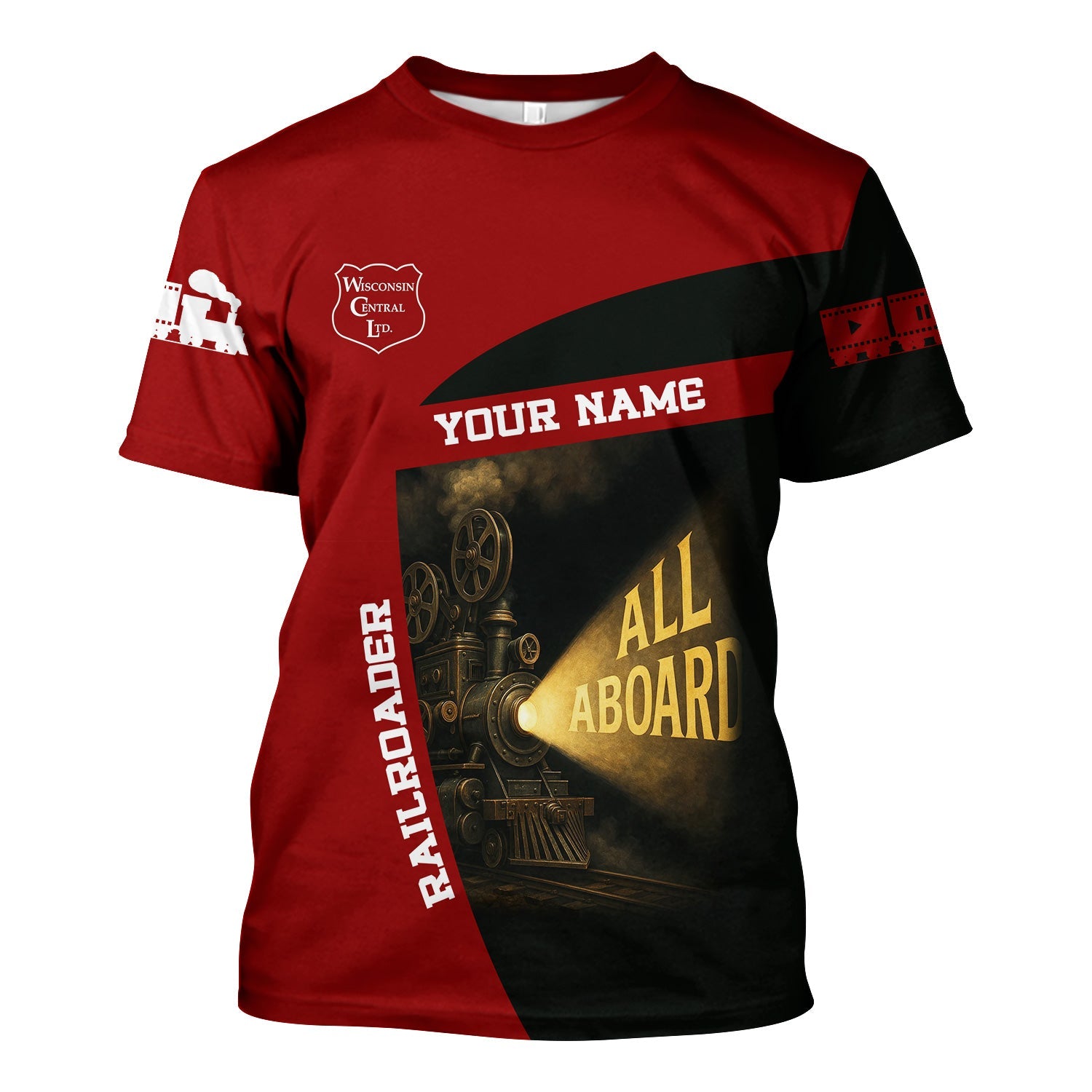 Railspirit Personalized Wisconsin Central Ltd Railroad T-Shirt All Aboard Steam Train Movie Projector Style Shirt
