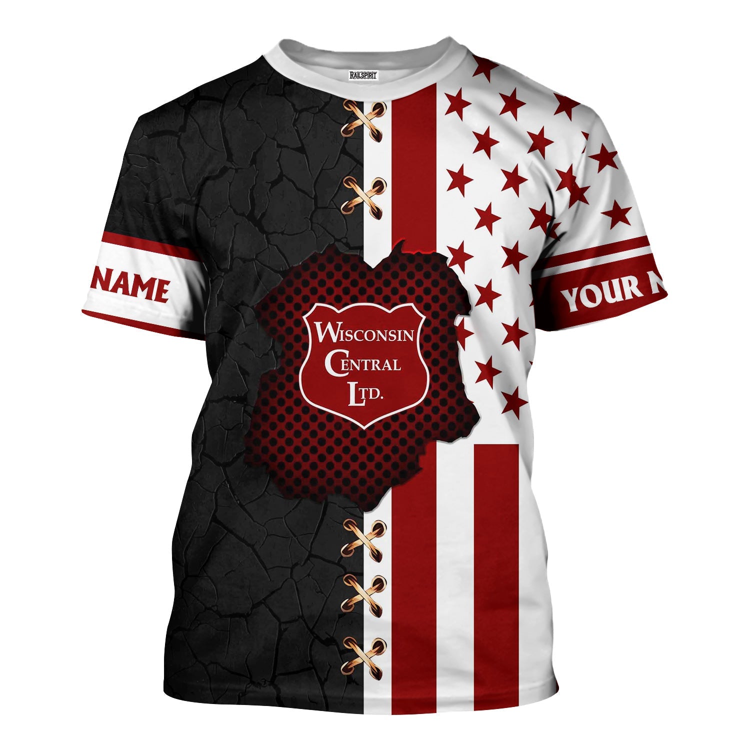 Railspirit Personalized Wisconsin Central Ltd Railroad T-Shirt American Flag with Crack Effect Train Shirt