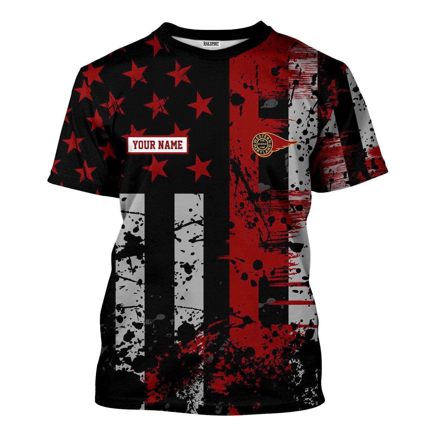 Railspirit Personalized Western Maryland Railway T-Shirt Artistic Paint American Flag Style Train Shirt