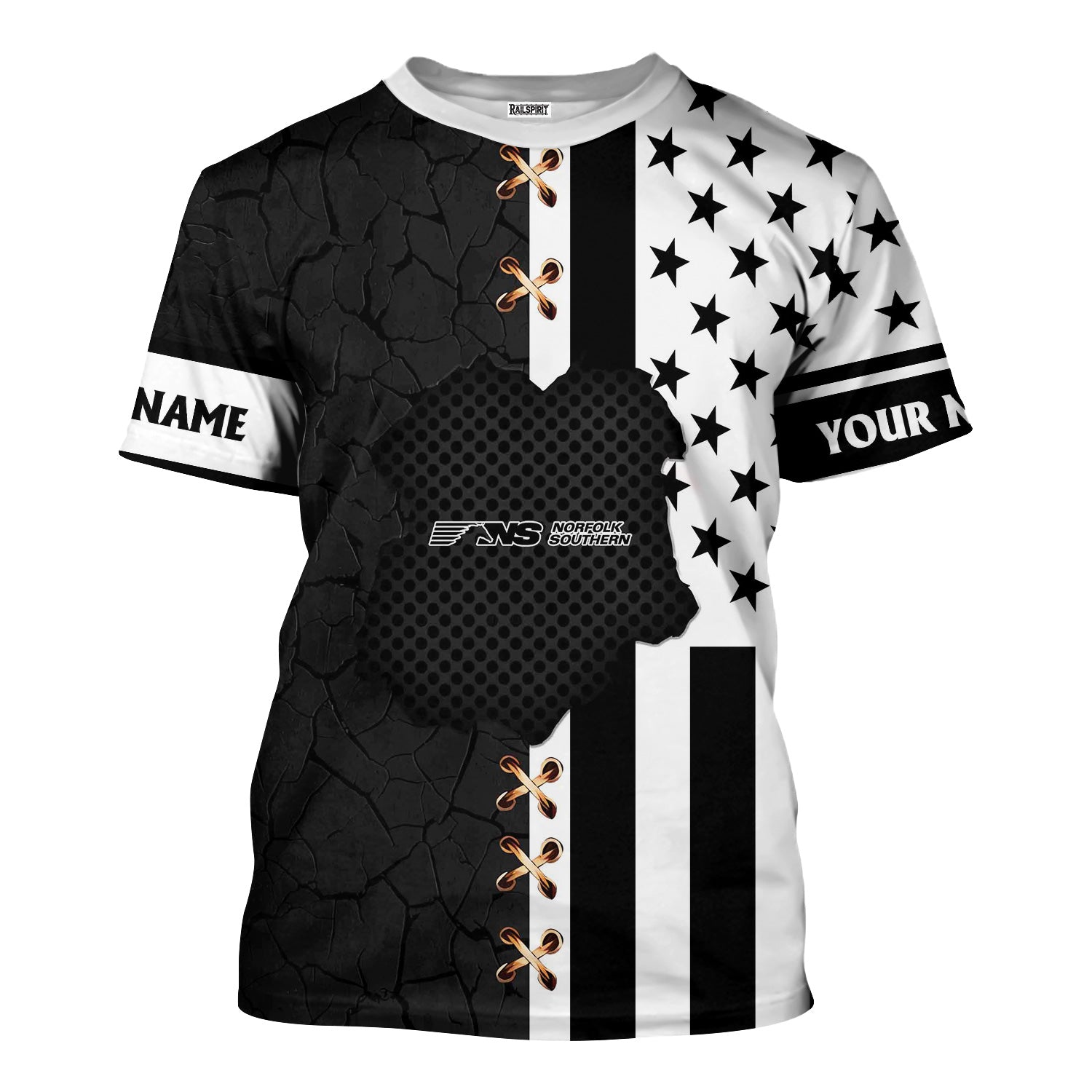 Railspirit Personalized Norfolk Southern Railway T-Shirt American Flag with Crack Effect Train Shirt