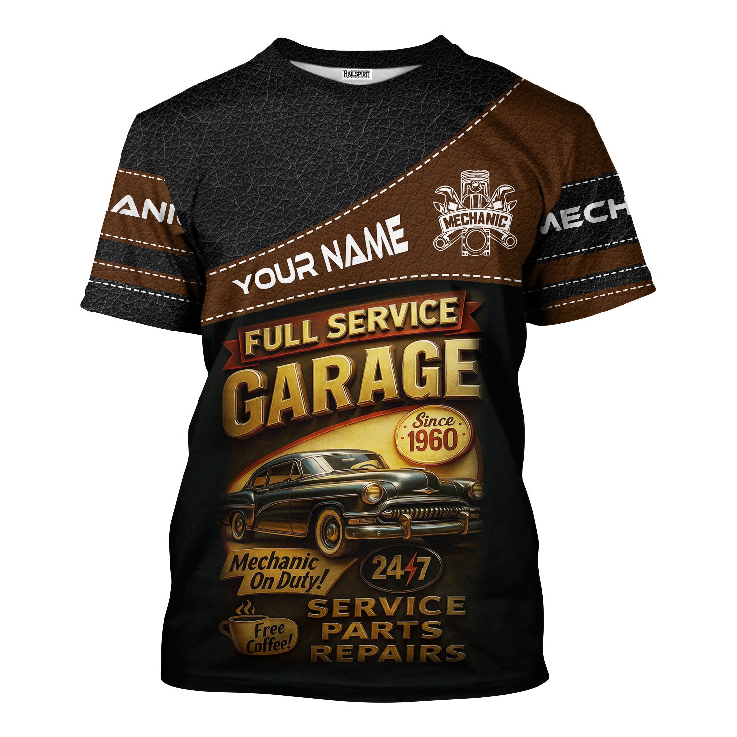 Personalized Mechanic Shirt, Full Service Garage Mechanic On Duty, Leather Printed Design, Custom Year, Gift For Men