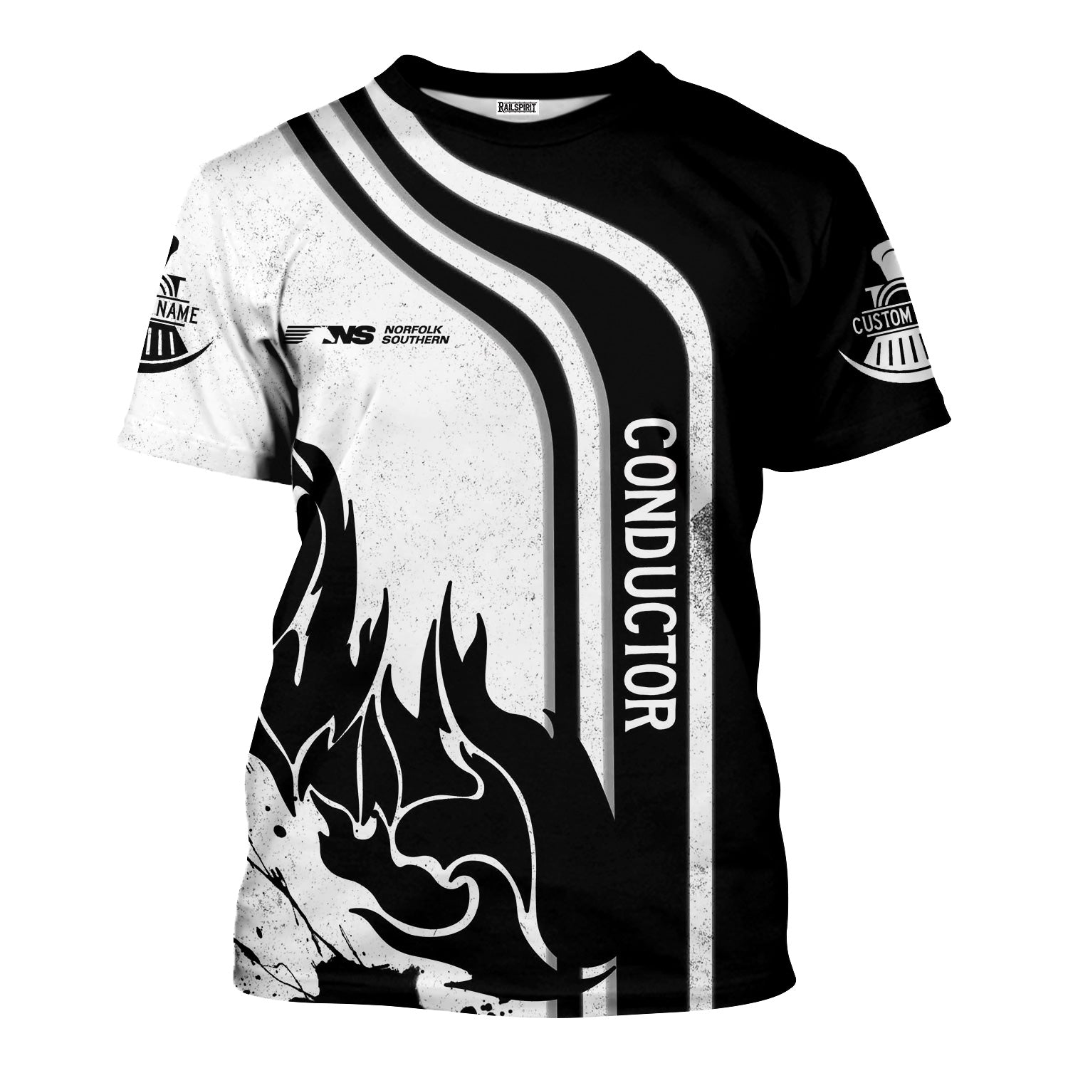 Railspirit Personalized Norfolk Southern Railway T-Shirt Flame Design with Custom Job Position Train Shirt