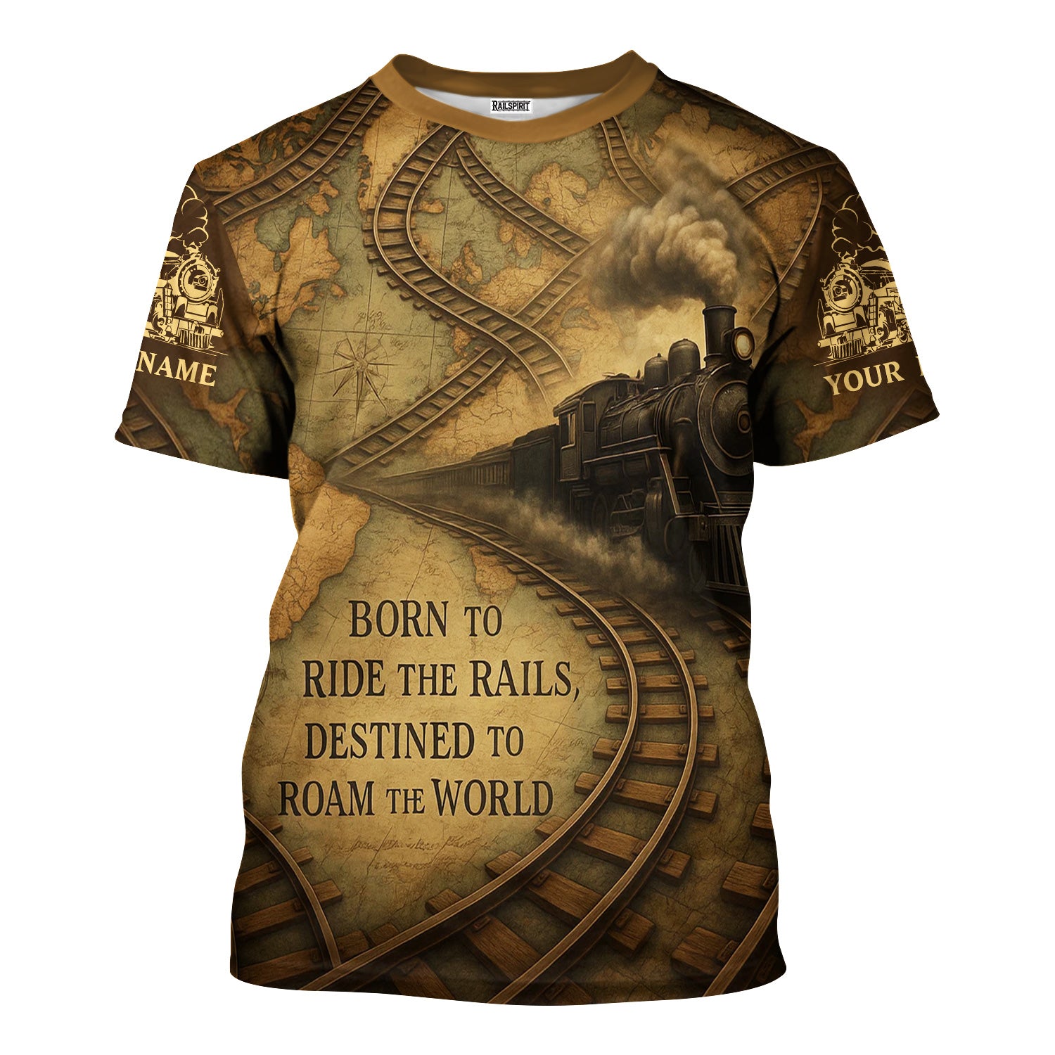 Custom Name Steam Train T-shirt, Antique Railroad Map Design, Born To Roam The World, Train Lover Gift
