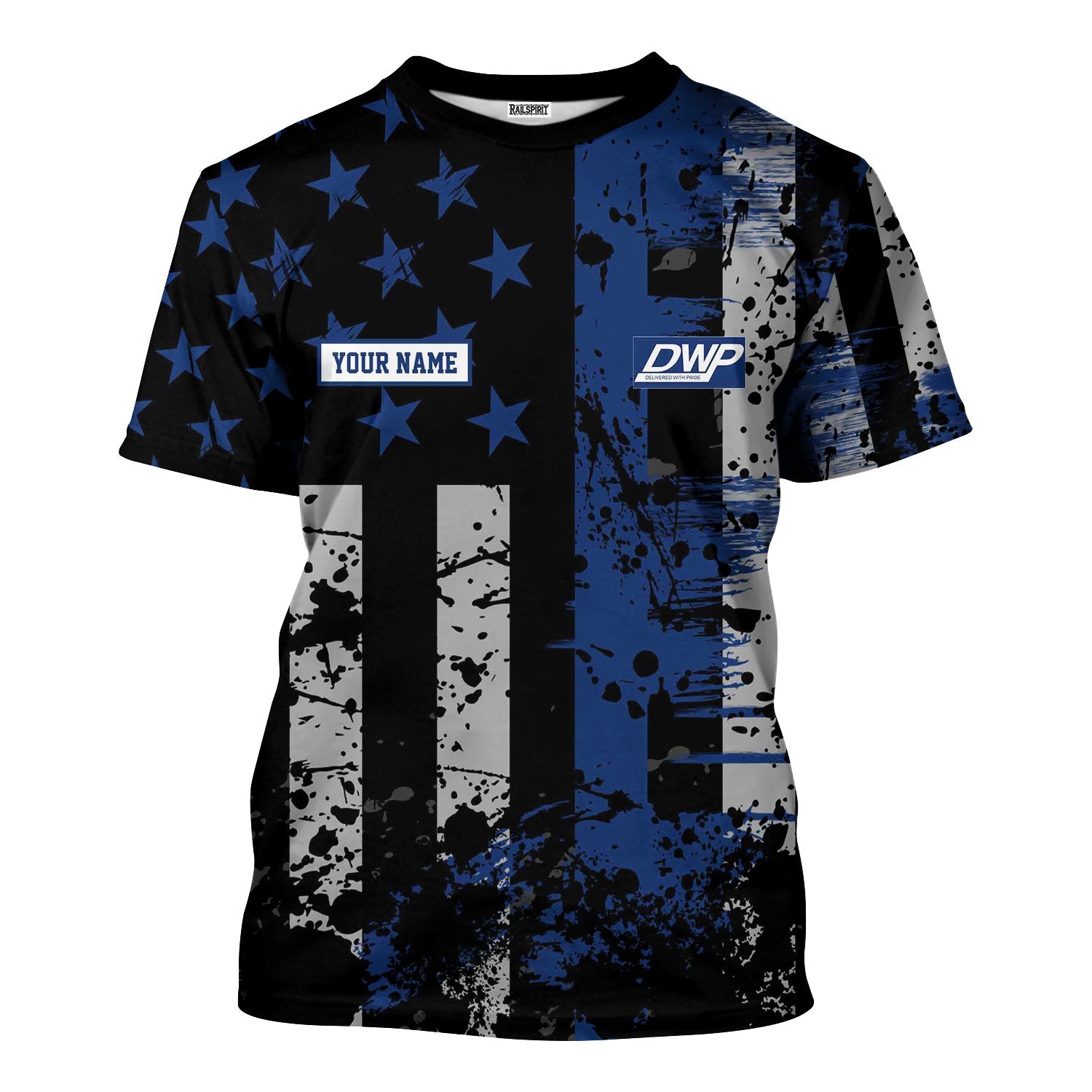 Railspirit Personalized Duluth, Winnipeg and Pacific Railway T-Shirt Artistic Paint American Flag Style Train Shirt
