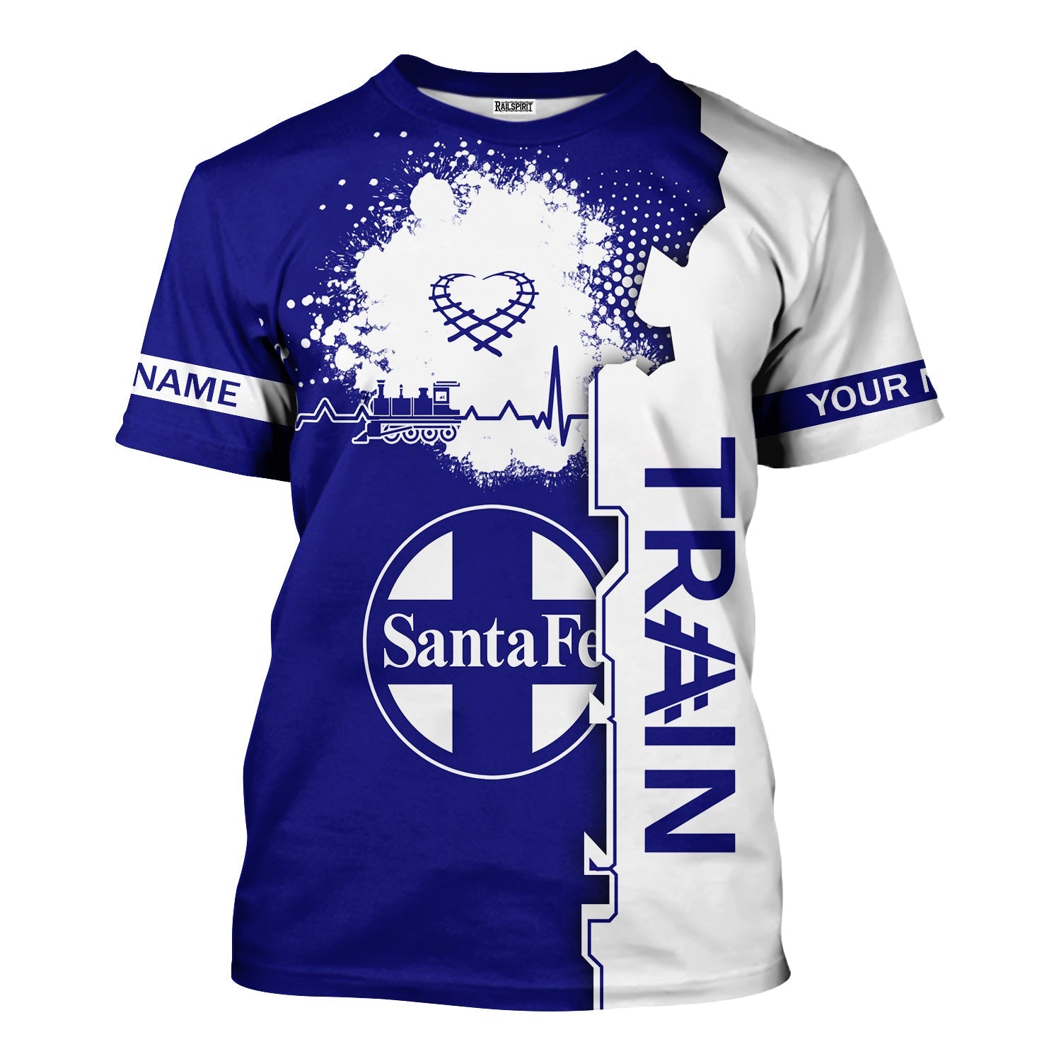 Railspirit Personalized Santa Fe Railway T-Shirt Engine Heartbeat and Track Love Style Atchison, Topeka and Santa Fe Railway Shirt