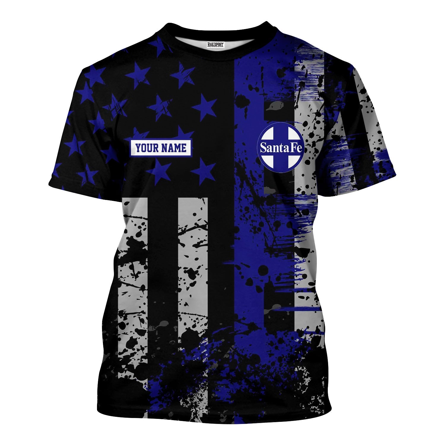 Railspirit Personalized Santa Fe ATSF Railway T-Shirt Artistic Paint American Flag Style Atchison, Topeka and Santa Fe Train Shirt
