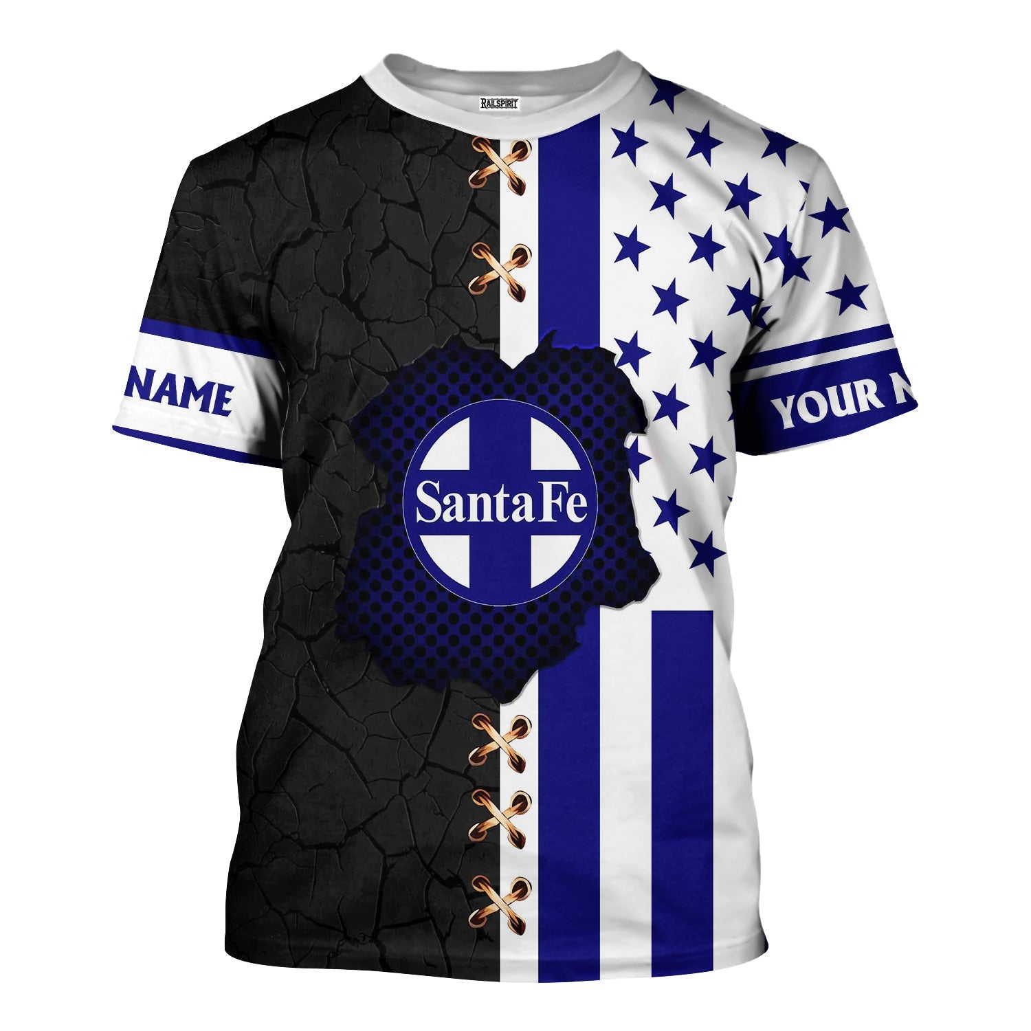 Railspirit Personalized Santa Fe ATSF Railway T-Shirt American Flag with Crack Effect Atchison, Topeka and Santa Fe Train Shirt