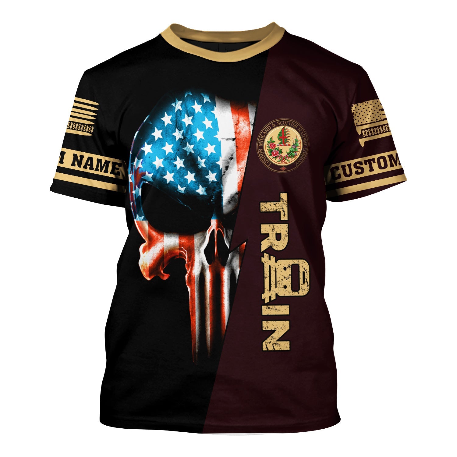 Railspirit Personalized London, Midland and Scottish Railway T-Shirt Train Skull American Flag Shirt All Over Print