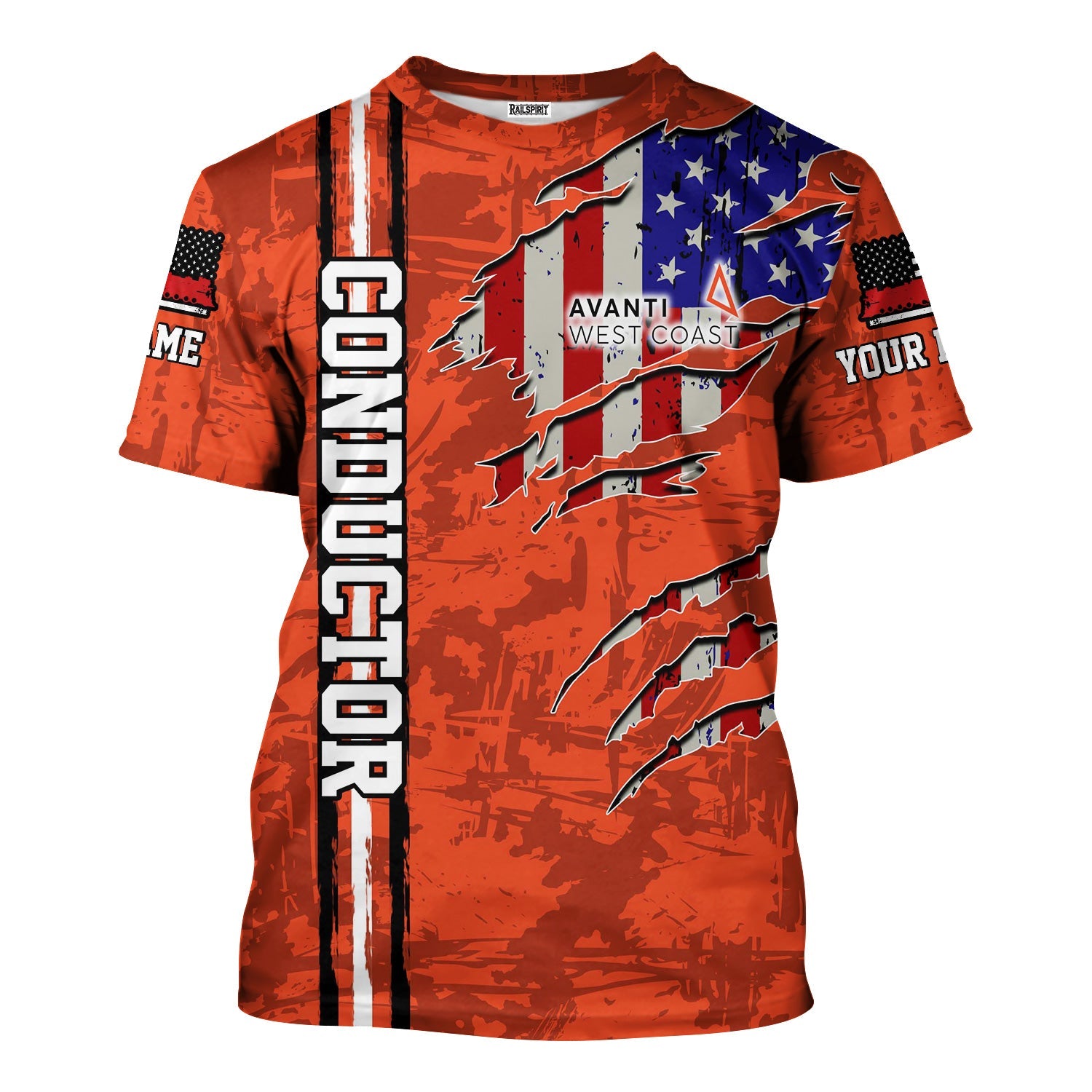 Railspirit Personalized Avanti West Coast T-Shirt USA Flag Claw Art with Custom Job Train Shirt