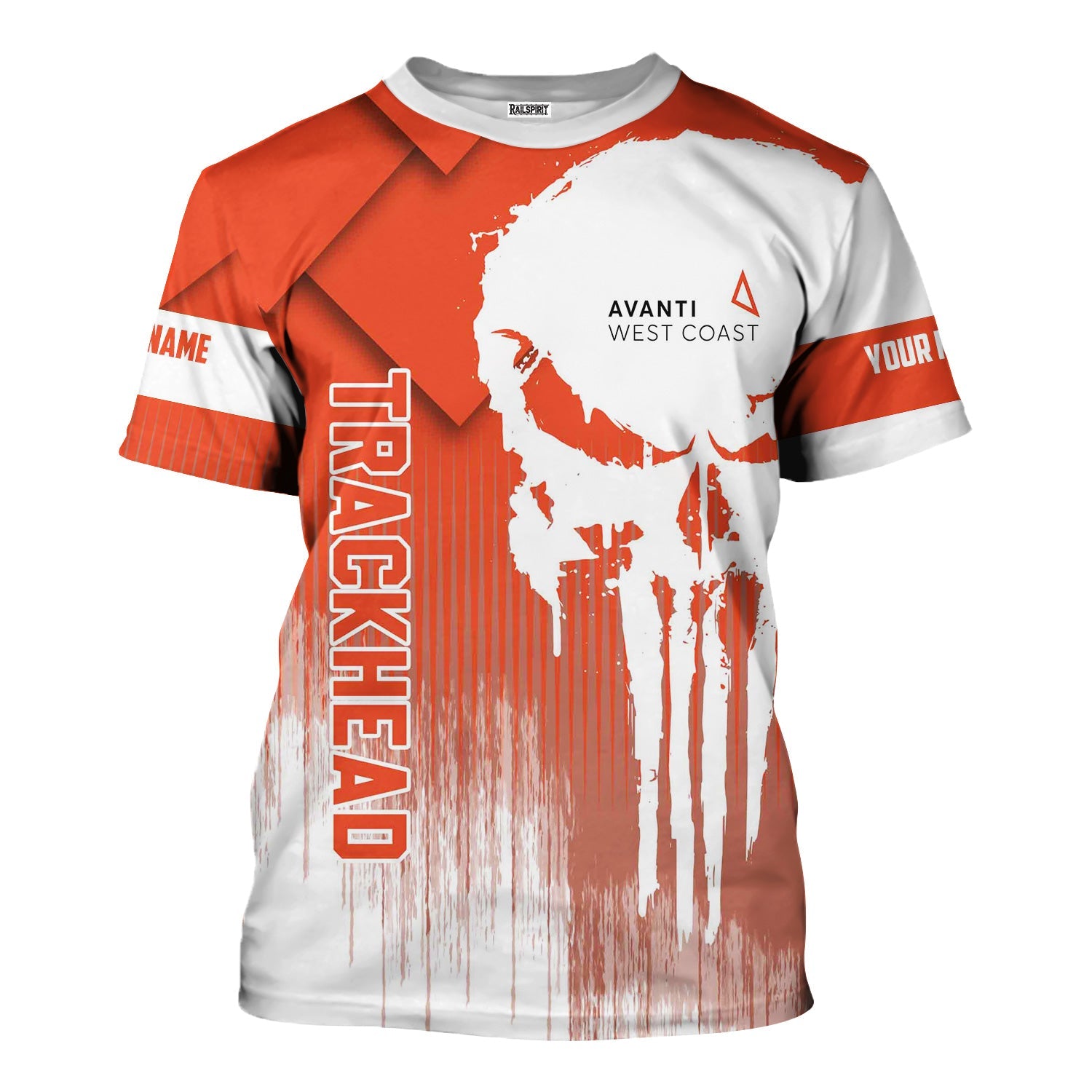 Railspirit Personalized Avanti West Coast T-Shirt Skull Design with Custom Job Train Shirt for Trackhead Crew