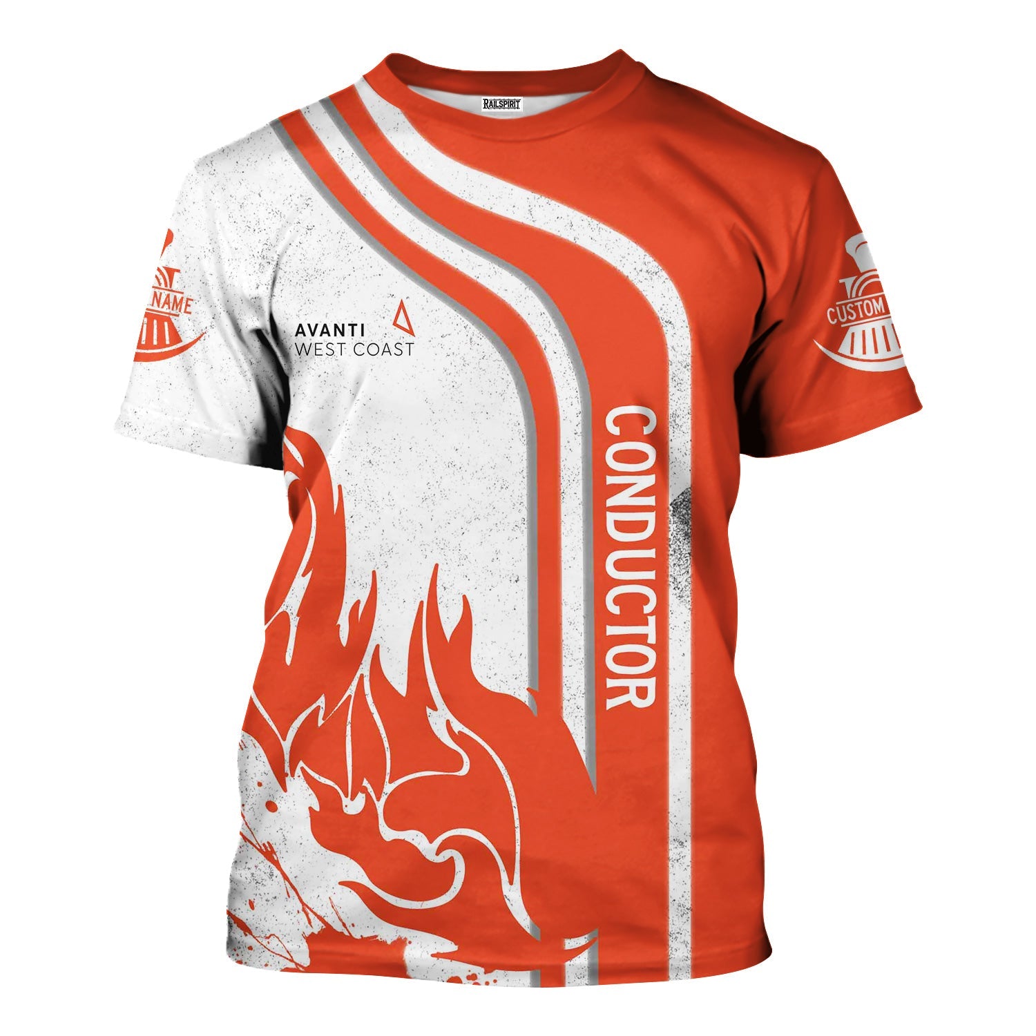 Railspirit Personalized Avanti West Coast T-Shirt Flame Design with Custom Job Position Train Shirt