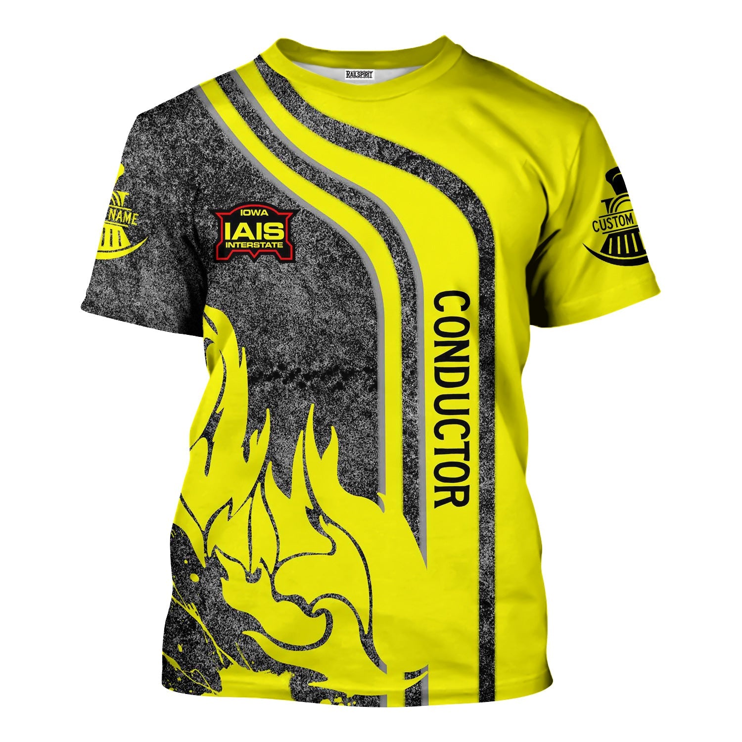 Railspirit Personalized Iowa Interstate Railroad T-Shirt Flame Design with Custom Job Position IAIS Train Shirt