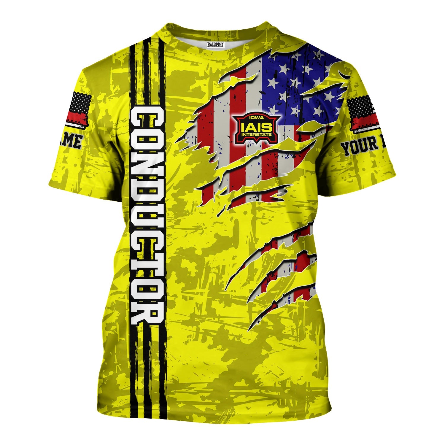 Railspirit Personalized Iowa Interstate Railroad T-Shirt USA Flag Claw Art with Custom Job IAIS Train Shirt