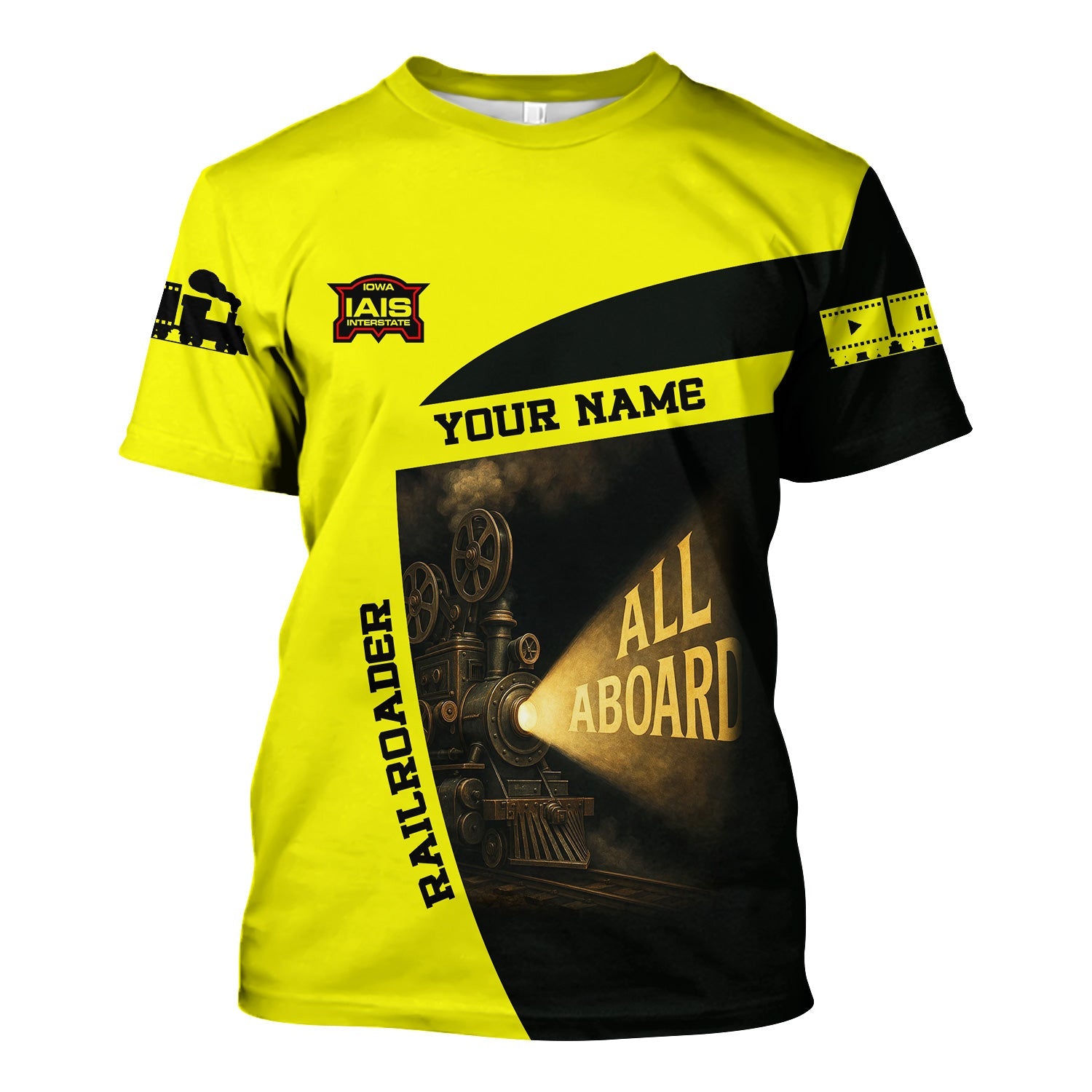 Railspirit Personalized Iowa Interstate Railroad T-Shirt All Aboard Steam Train Movie Projector Style IAIS Shirt