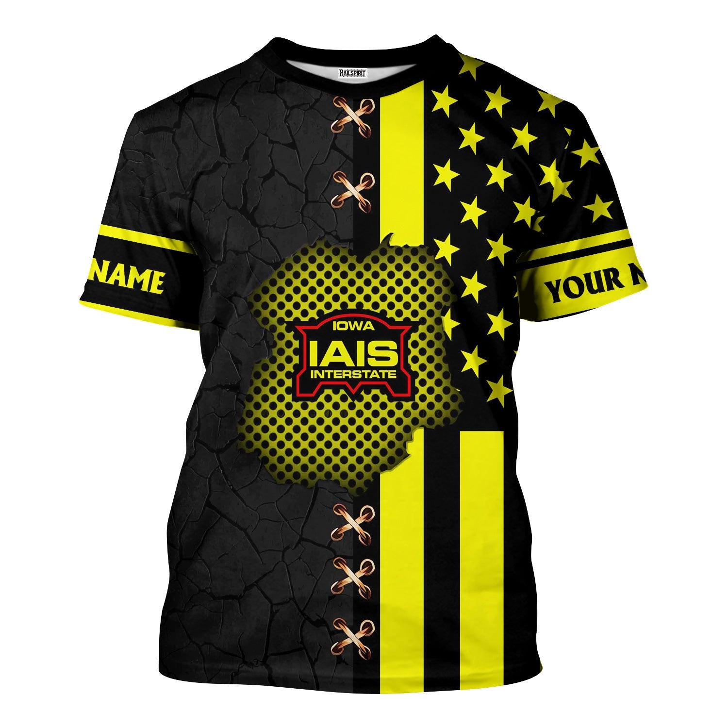 Railspirit Personalized Iowa Interstate Railroad T-Shirt American Flag with Crack Effect IAIS Train Shirt