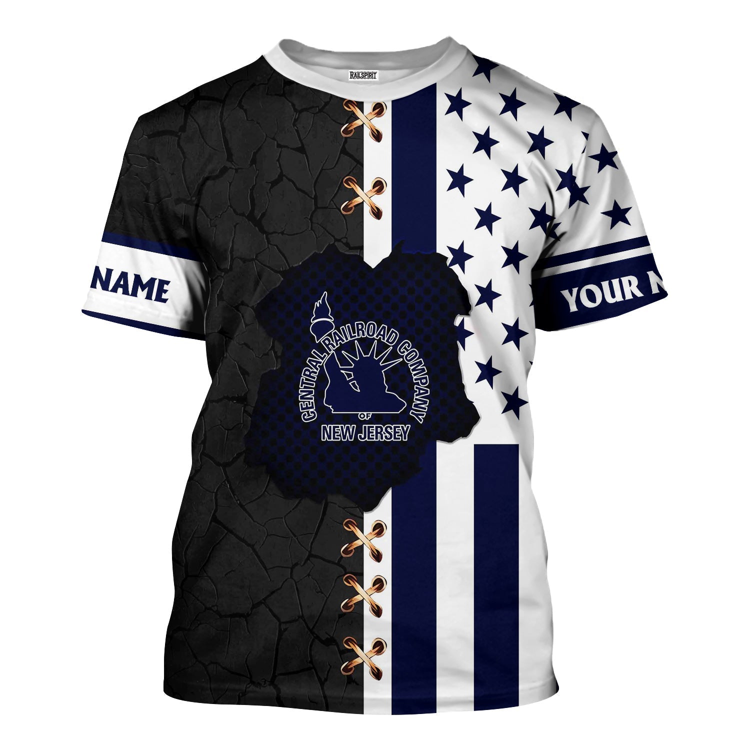 Railspirit Personalized Jersey Central Railroad T-Shirt American Flag with Crack Effect CNJ Train Shirt