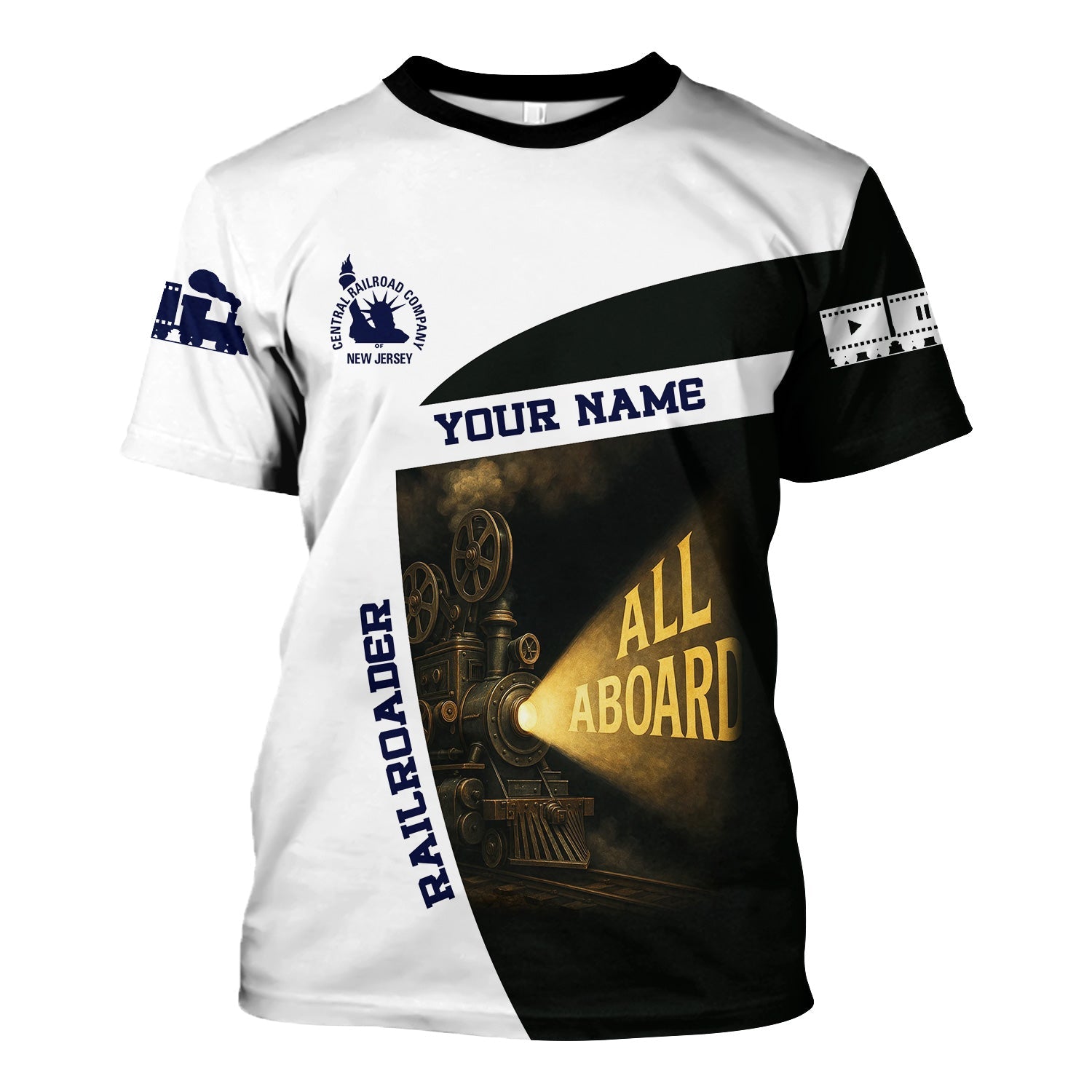 Railspirit Personalized CNJ Jersey Central Railroad T-Shirt All Aboard Steam Train Movie Projector Style Shirt