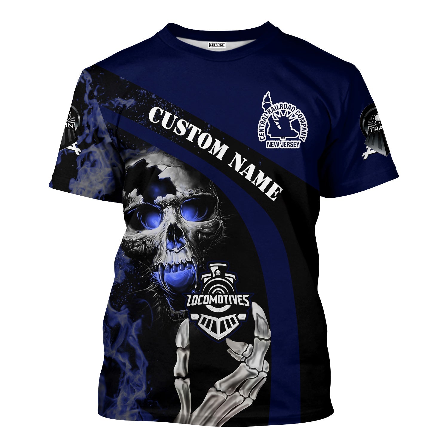 Railspirit Personalized Jersey Central Railroad T-Shirt Flame Skull Design CNJ Train Shirt for Locomotive Fans