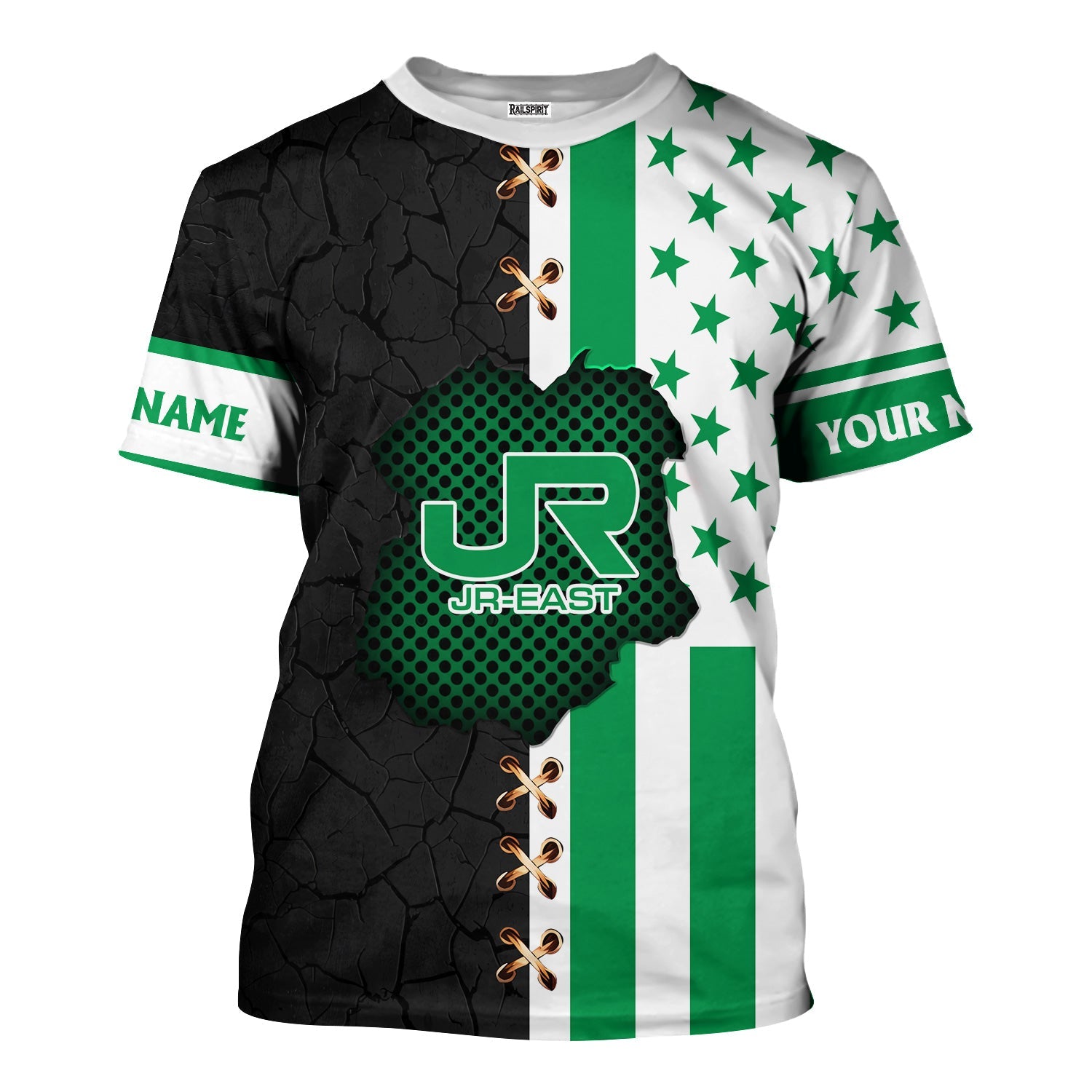 Railspirit Personalized East Japan Railway T-Shirt American Flag with Crack Effect JR-EAST Train Shirt