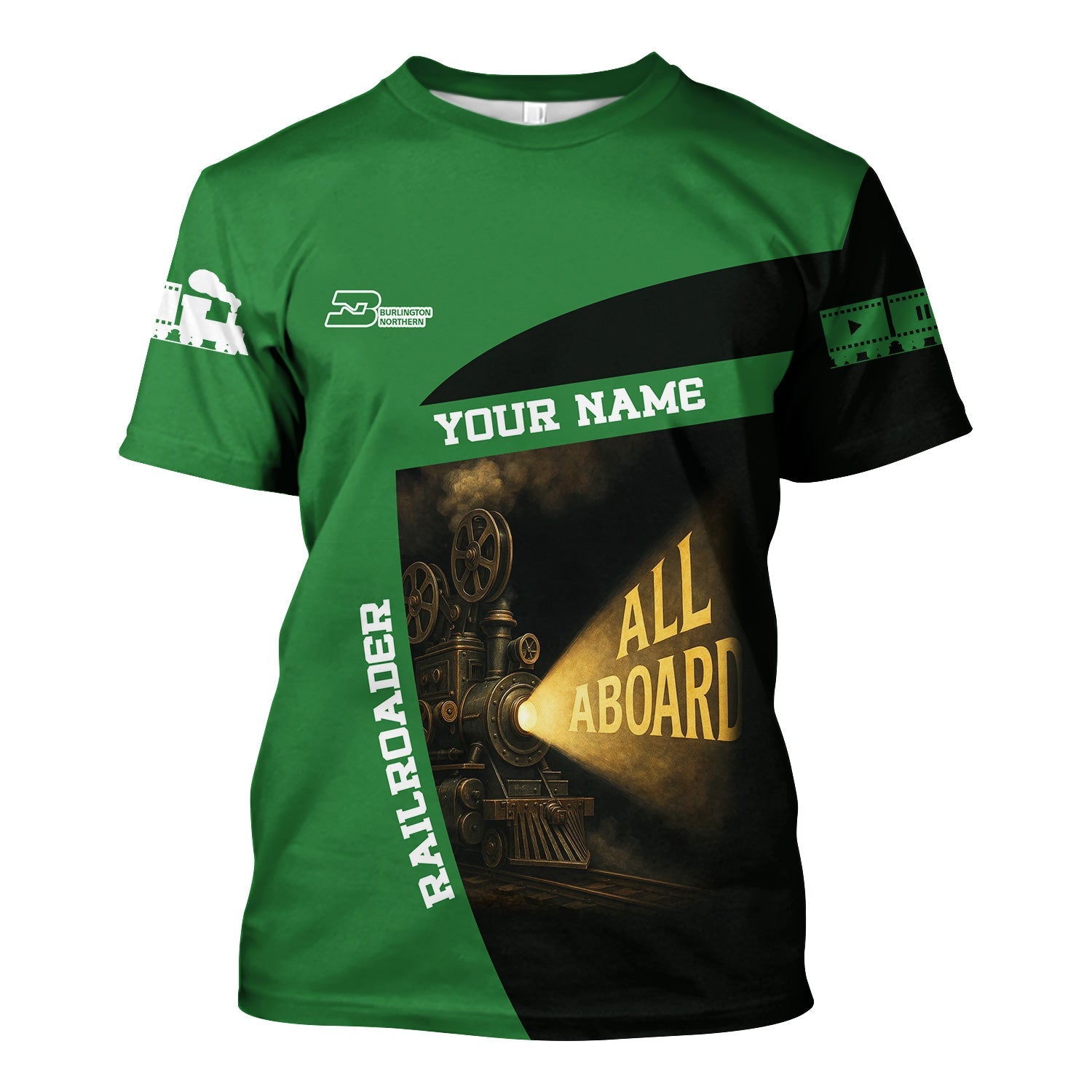 Railspirit Personalized Burlington Northern Railroad T-Shirt All Aboard Steam Train Movie Projector Style Shirt