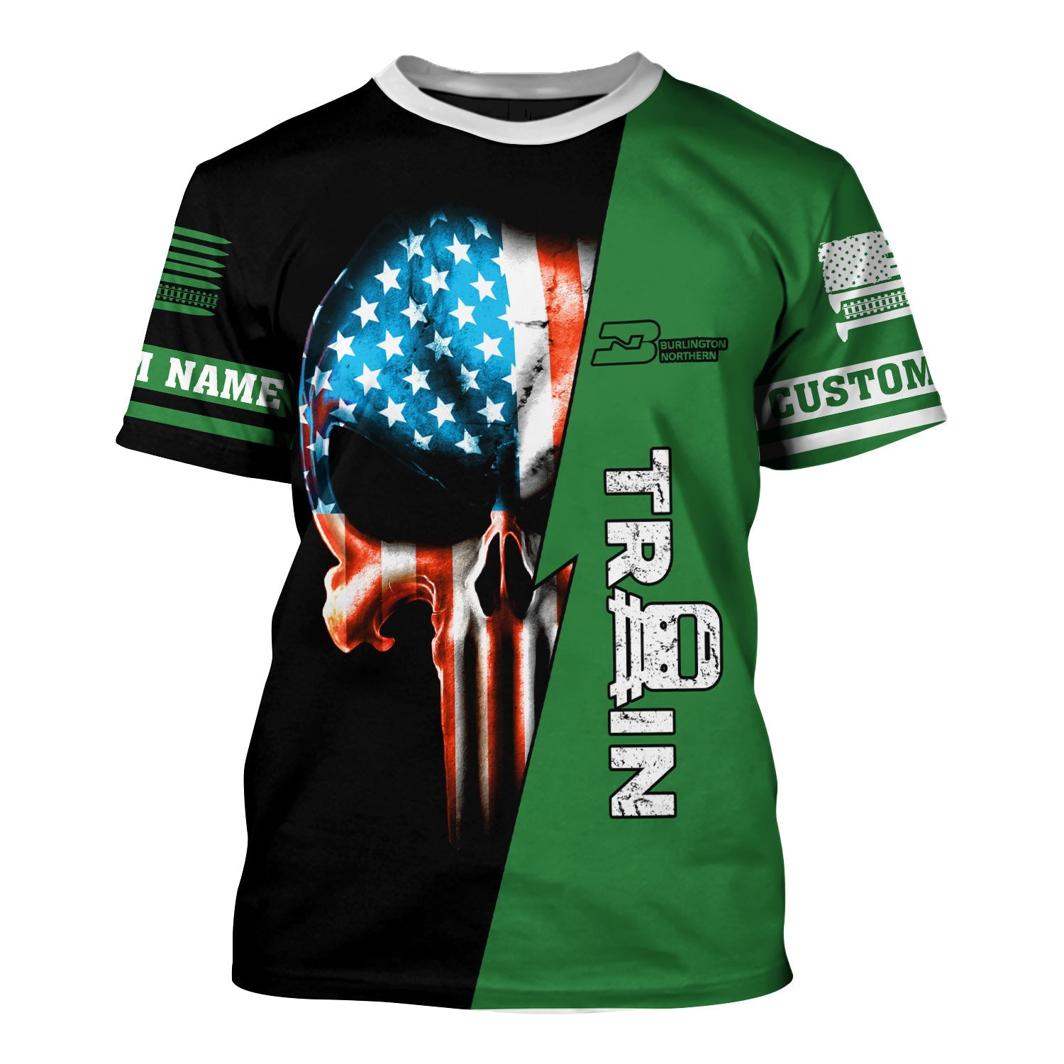 Railspirit Personalized Burlington Northern Railroad T-Shirt Train Skull American Flag Shirt All Over Print