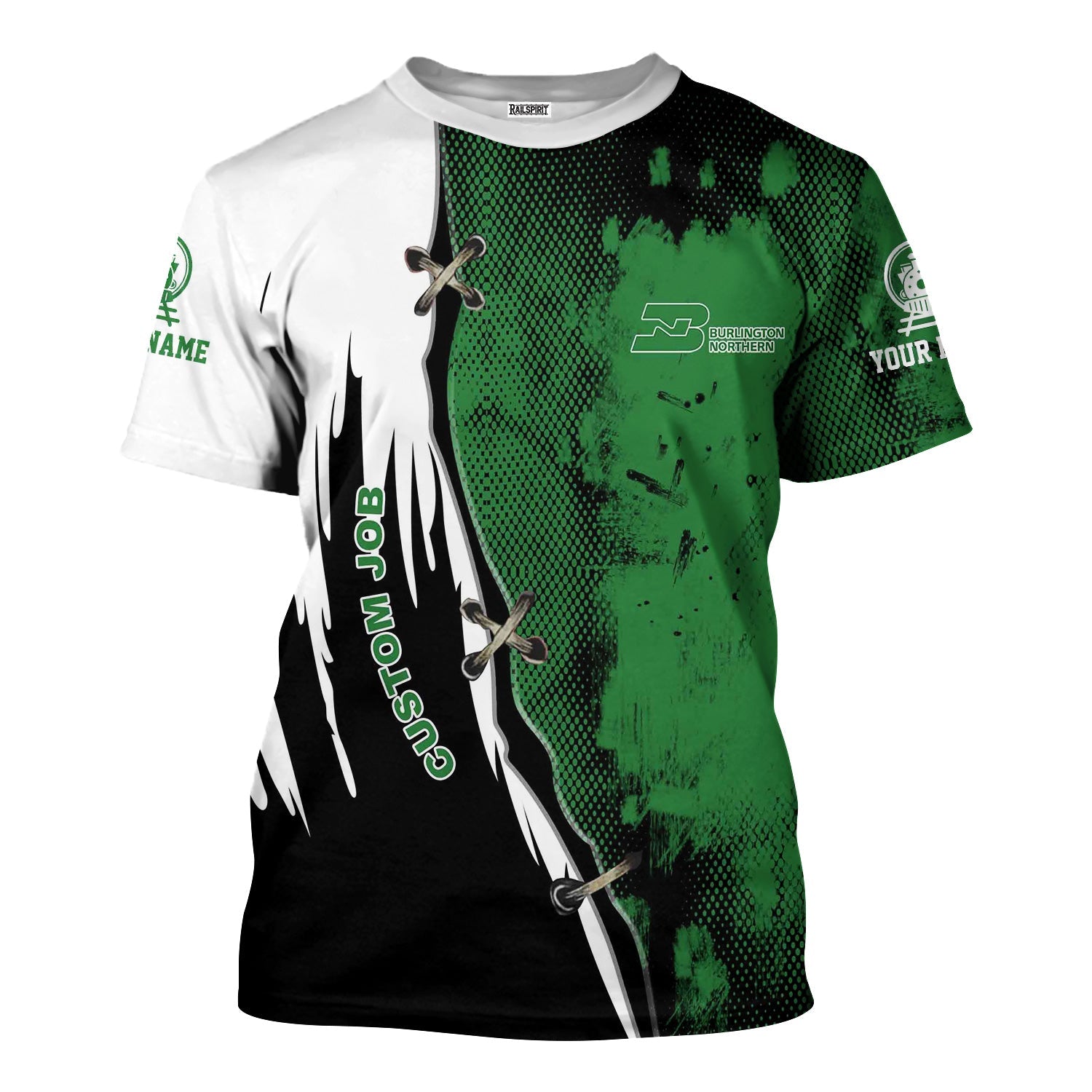 Railspirit Personalized Burlington Northern Railroad T-Shirt Retro Stitches Design with Custom Position Train Shirt