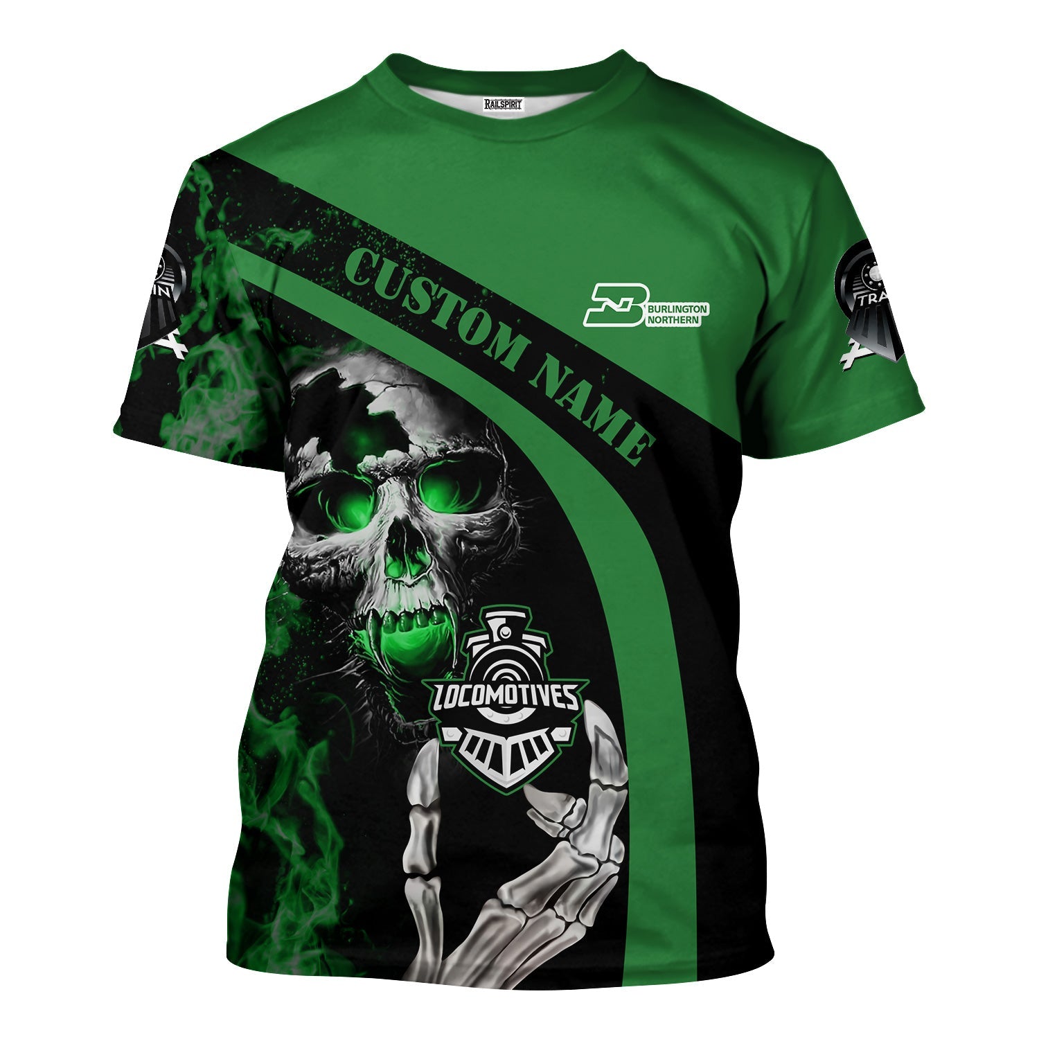 Railspirit Personalized Burlington Northern Railroad T-Shirt Flame Skull Design Train Shirt for Locomotive Fans