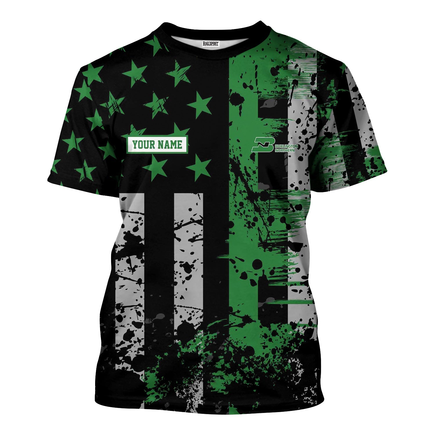Railspirit Personalized Burlington Northern Railroad T-Shirt Artistic Paint American Flag Style Train Shirt