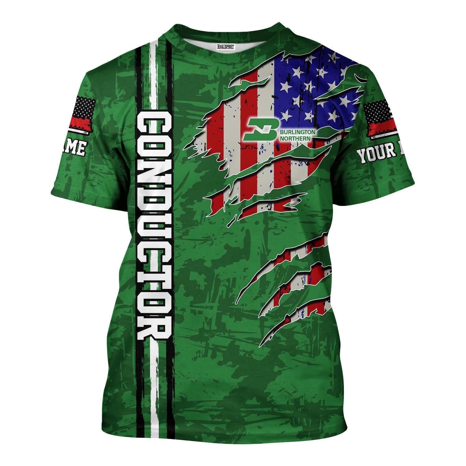 Railspirit Personalized Burlington Northern Railroad T-Shirt USA Flag Claw Art with Custom Job Train Shirt