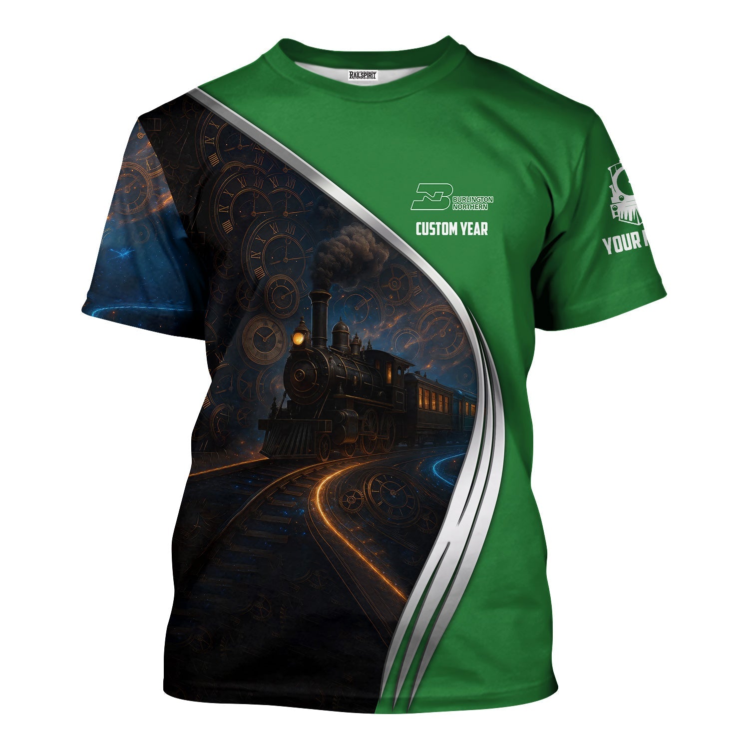 Railspirit Personalized Burlington Northern Railroad T-Shirt Steampunk Locomotive with Custom Year Train Shirt