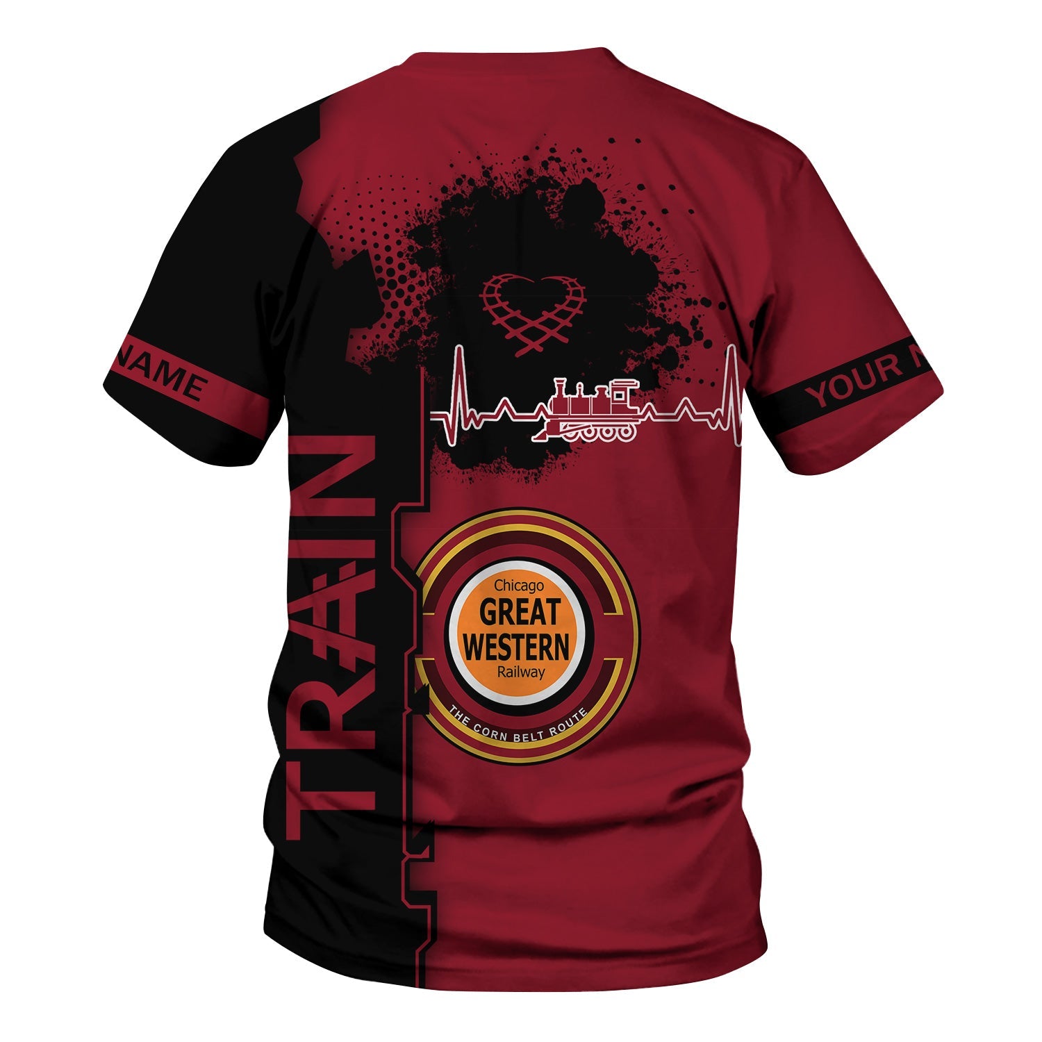 Railspirit Personalized Chicago Great Western Railroad T-Shirt Engine Heartbeat and Track Love Style Shirt Gift Idea For Train Lovers