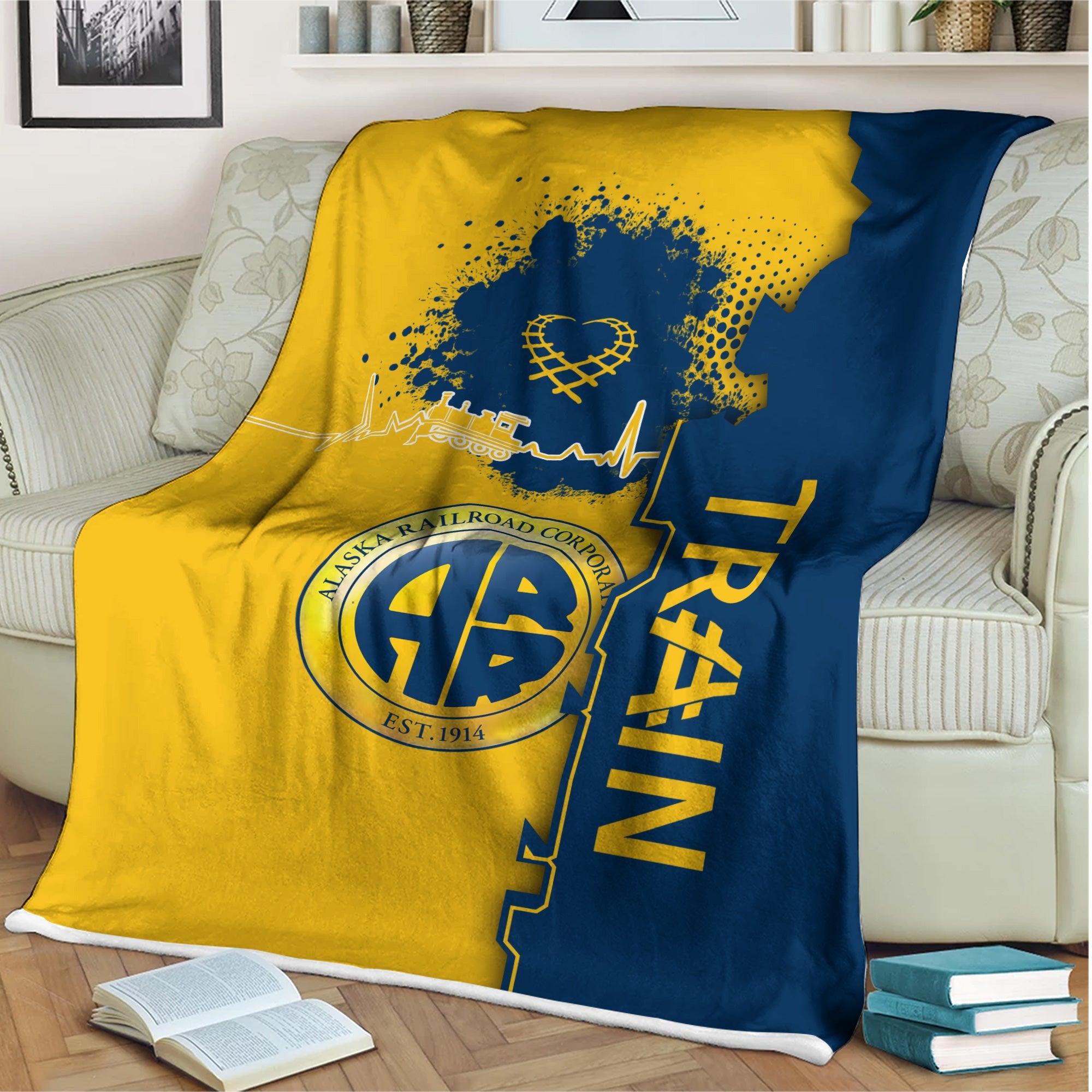 Railspirit Alaska Railroad Blanket Engine Heartbeat and Track Love Style Blanket Gift Idea For Train Lovers