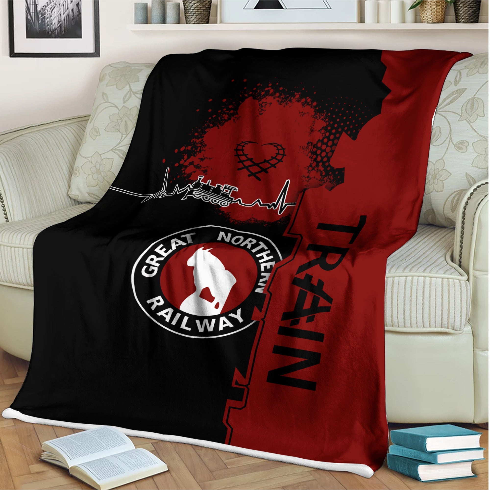 Railspirit Great Northern Railway Blanket Engine Heartbeat and Track Love Style GNR Blanket Gift Idea For Train Lovers