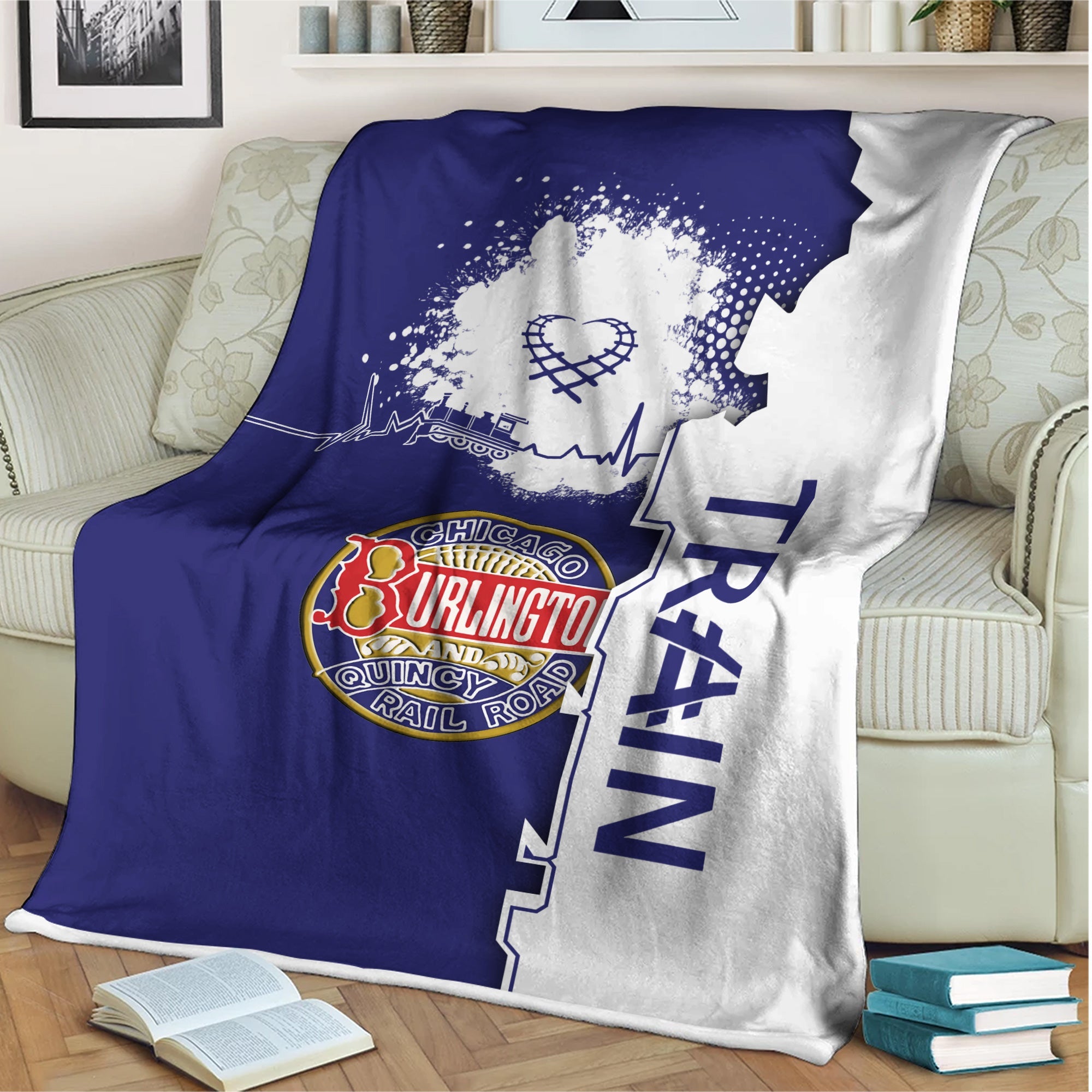 Railspirit Chicago, Burlington and Quincy Railroad Blanket Engine Heartbeat and Track Love Style Blanket Gift Idea For Train Lovers