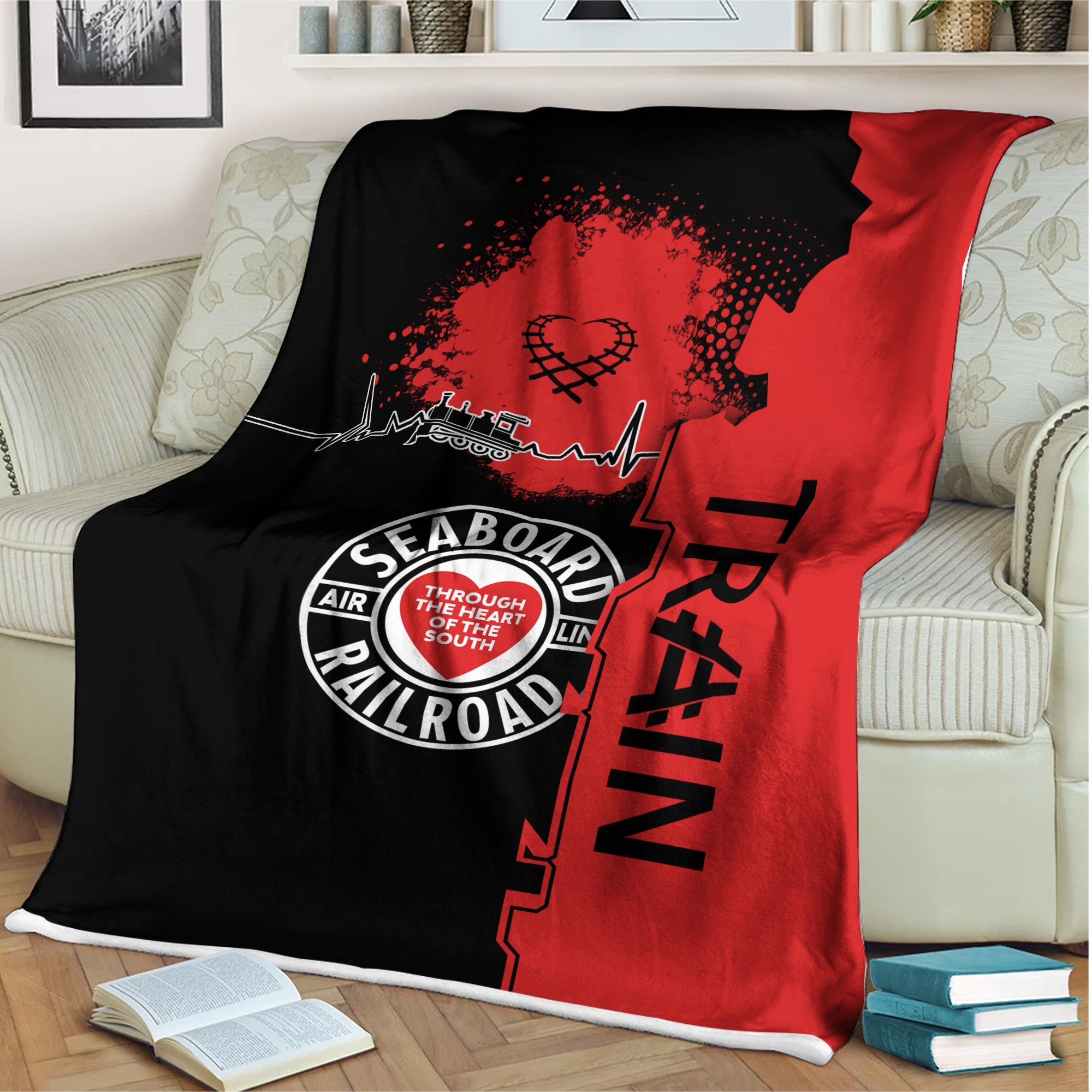 Railspirit Seaboard Air Line Railroad Blanket Engine Heartbeat and Track Love Style Blanket Gift Idea For Train Lovers