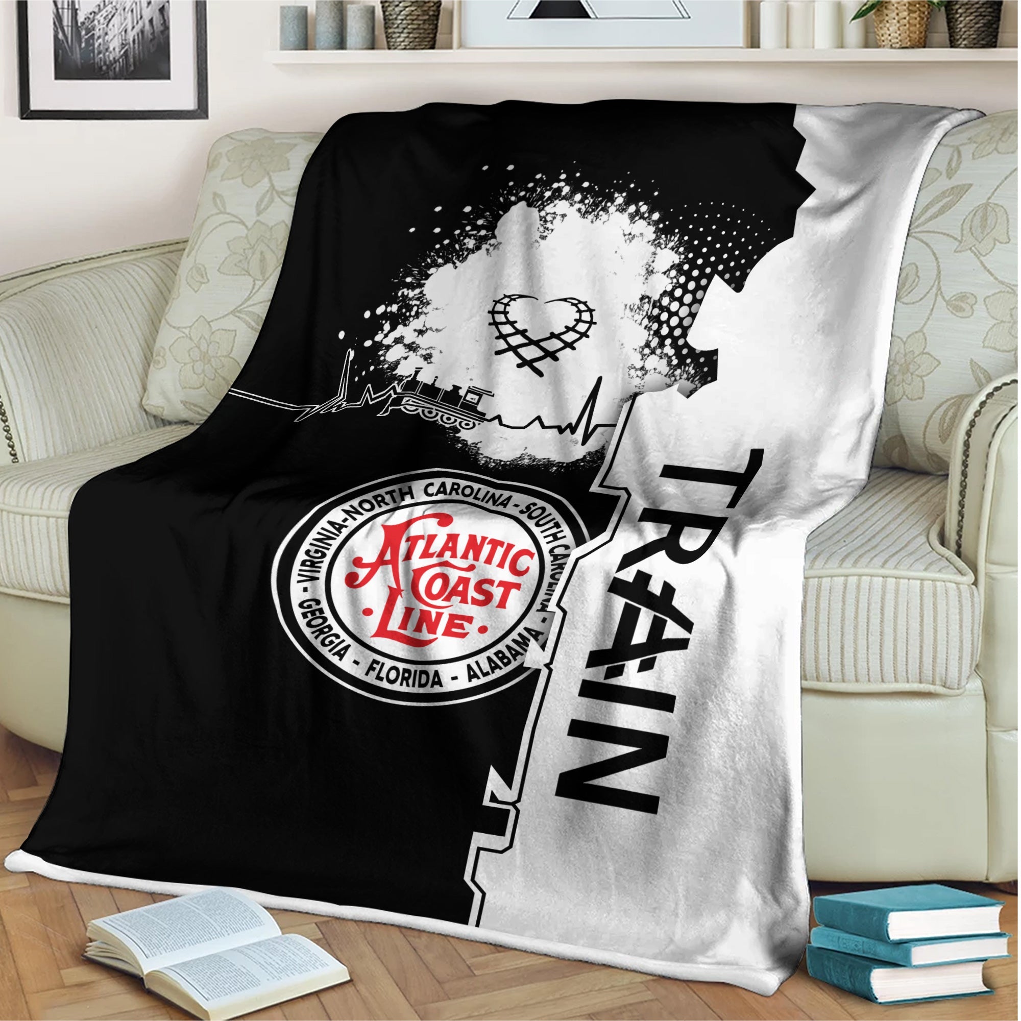 Railspirit Atlantic Coast Line Railroad Blanket Engine Heartbeat and Track Love Style Blanket Gift Idea For Train Lovers