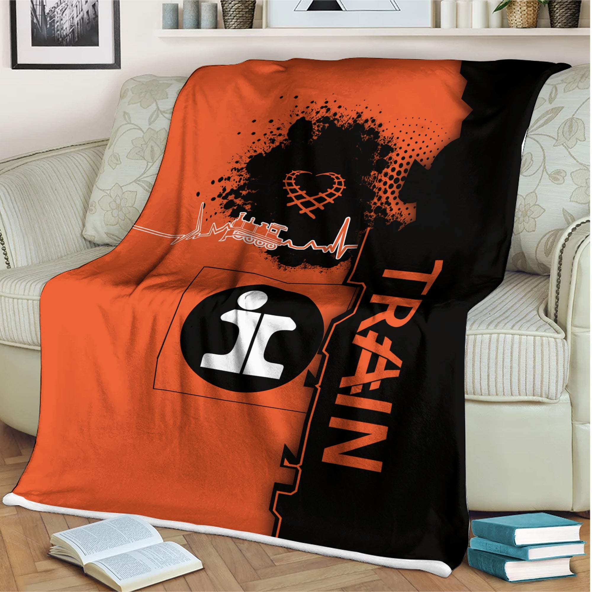 Railspirit Illinois Central Railroad Blanket Engine Heartbeat and Track Love Style Blanket Gift Idea For Train Lovers