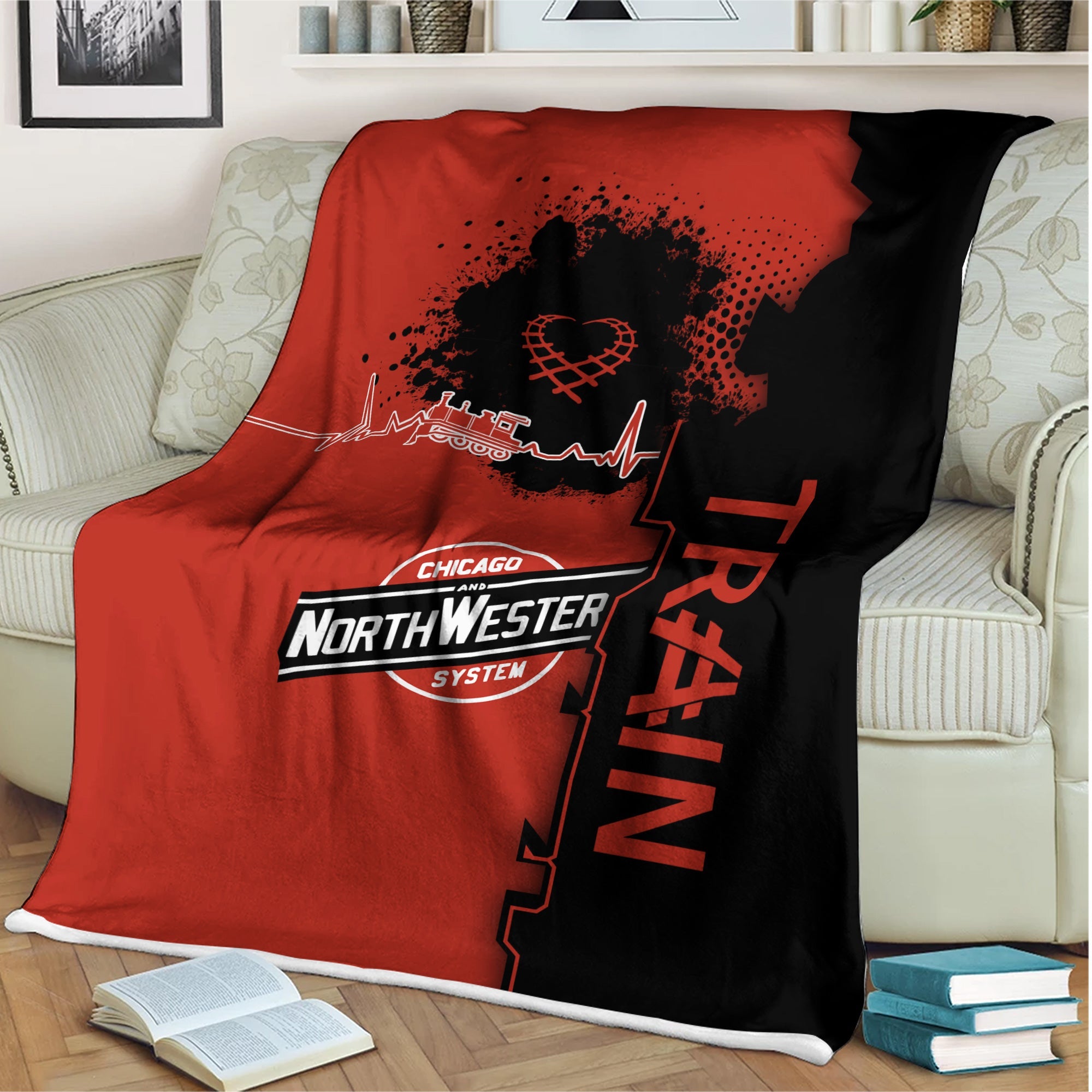 Railspirit Chicago and North Western Railway Blanket Engine Heartbeat and Track Love Style Blanket Gift Idea For Train Lovers
