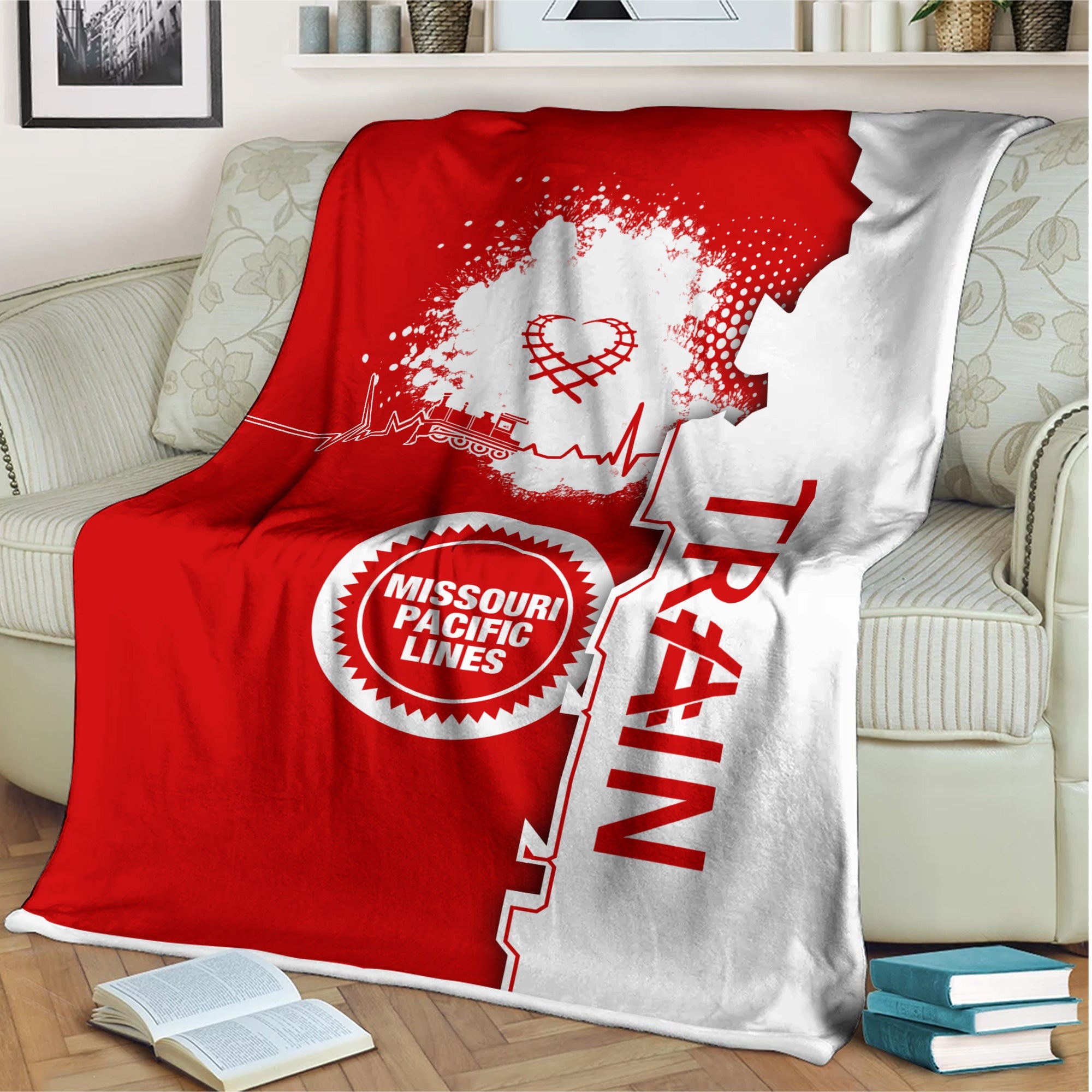Railspirit Missouri Pacific Railroad Blanket Engine Heartbeat and Track Love Style Blanket Gift Idea For Train Lovers