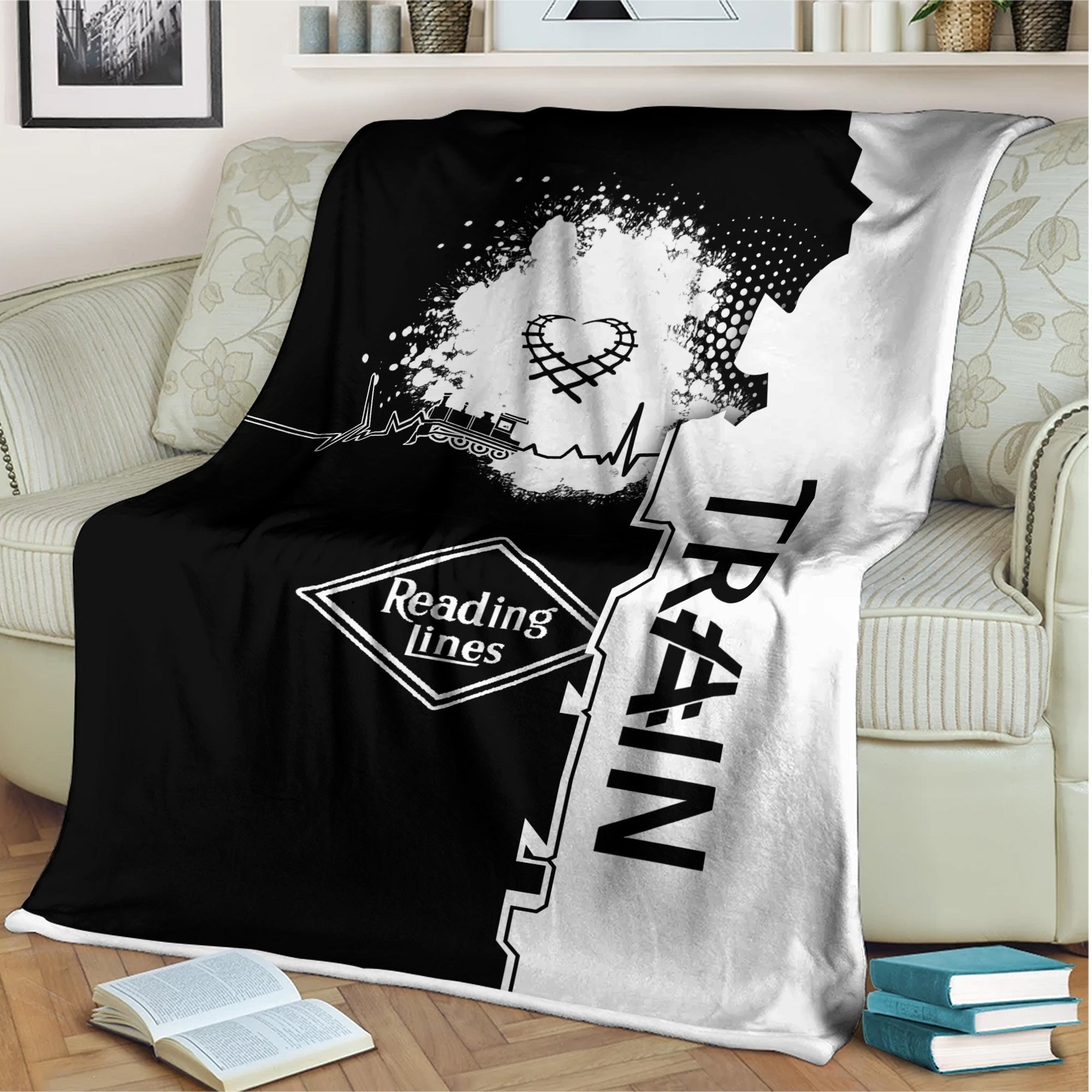 Railspirit Reading Railroad Blanket Engine Heartbeat and Track Love Style Blanket Gift Idea For Train Lovers