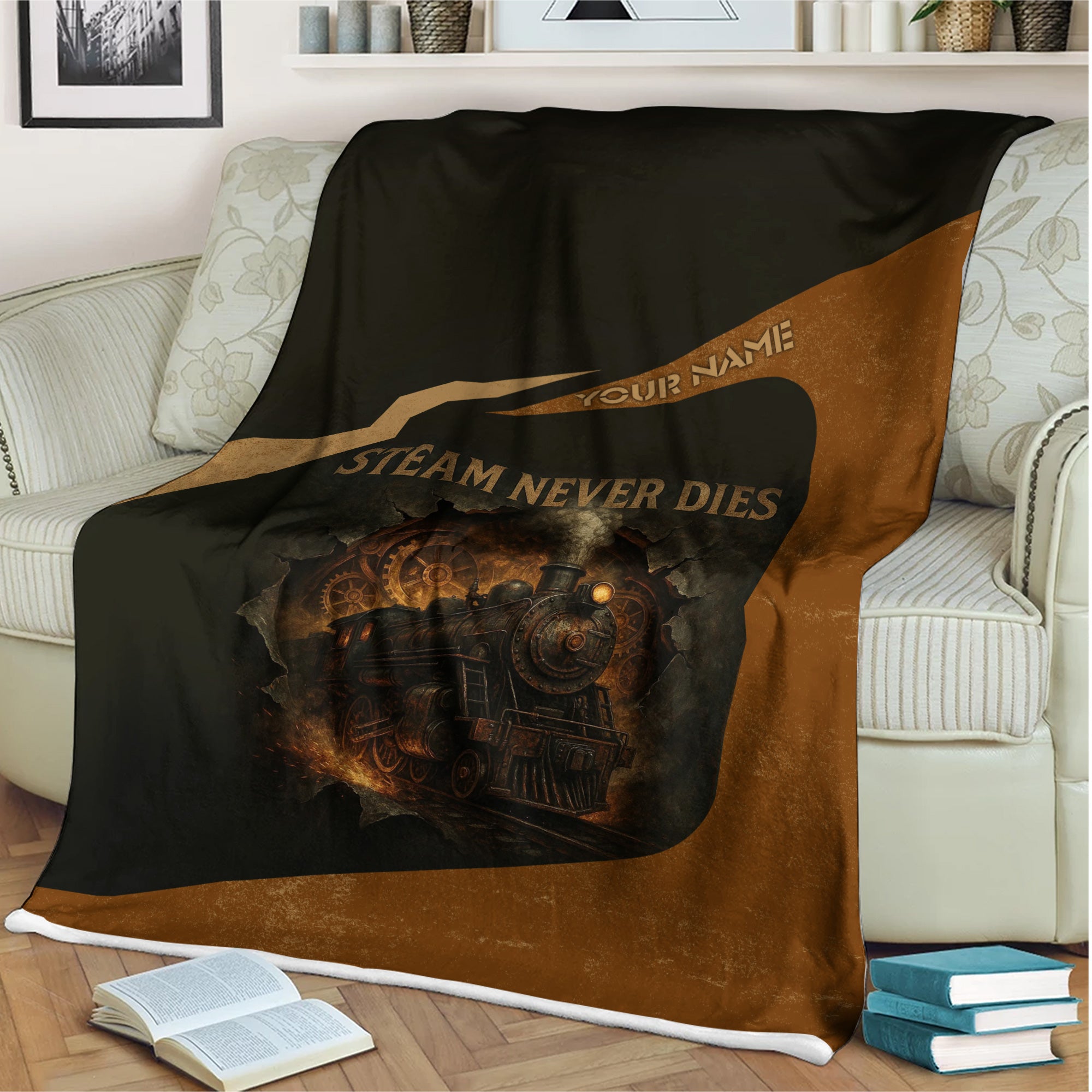 Railspirit Personalized Blanket Steam Never Dies Vintage Train Blanket for Railroad Fanatic