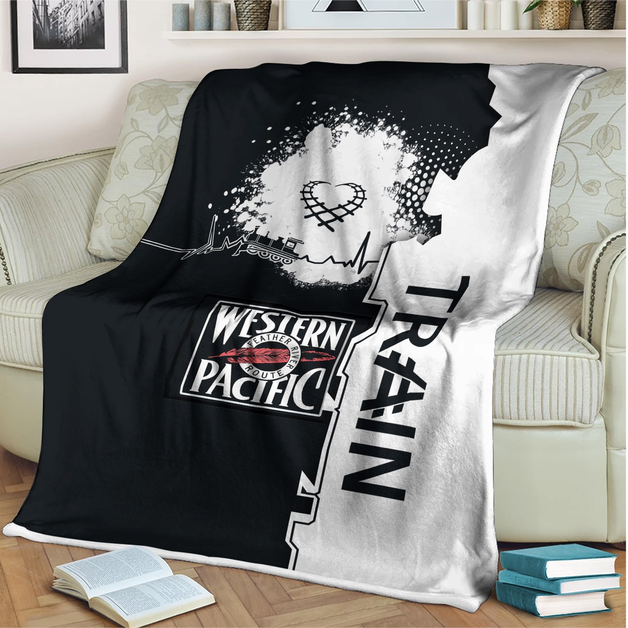 Railspirit Western Pacific Railroad Blanket Engine Heartbeat and Track Love Style Blanket Gift Idea For Train Lovers