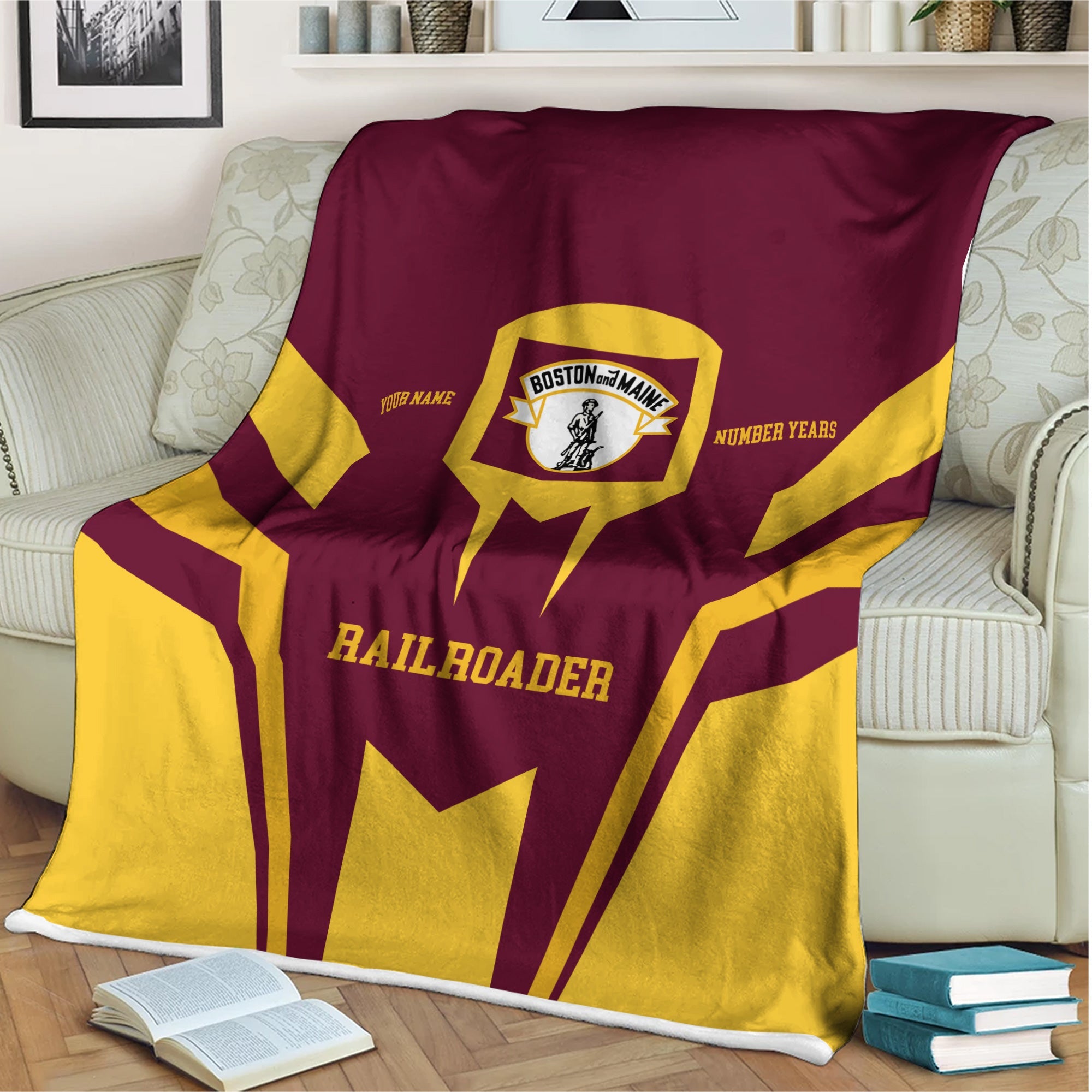 Railspirit Personalized Boston and Maine Railroad Blanket Custom Year Railroader Gift Idea For Train Lover