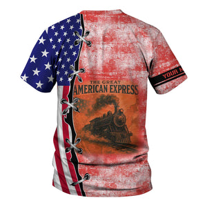 Railspirit Personalized Chicago, Rock Island and Pacific Railroad T-Shirt Retro American Express Train With USA Flag Rock Island Railroad Shirt