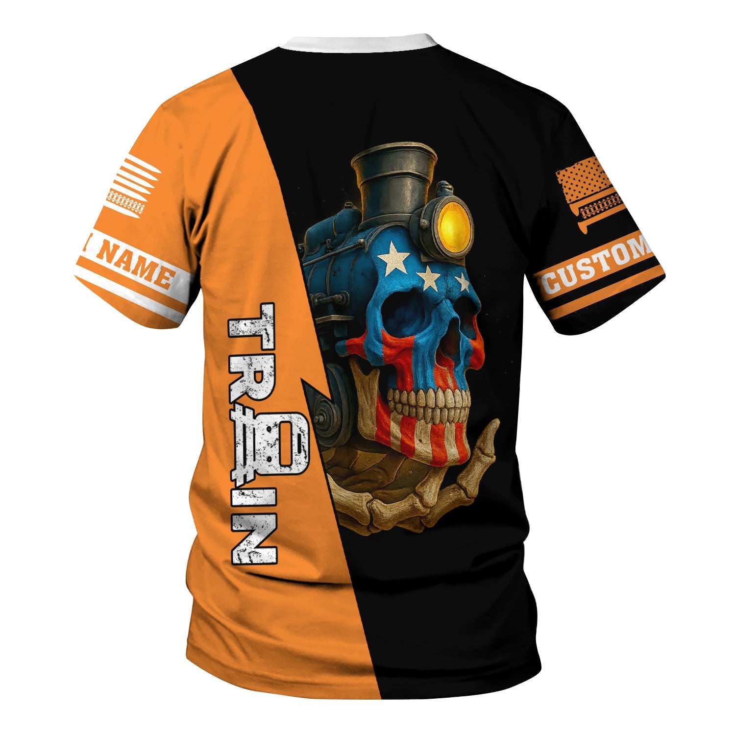 Railspirit Personalized BNSF Railway T-Shirt Train Skull American Flag Shirt All Over Print